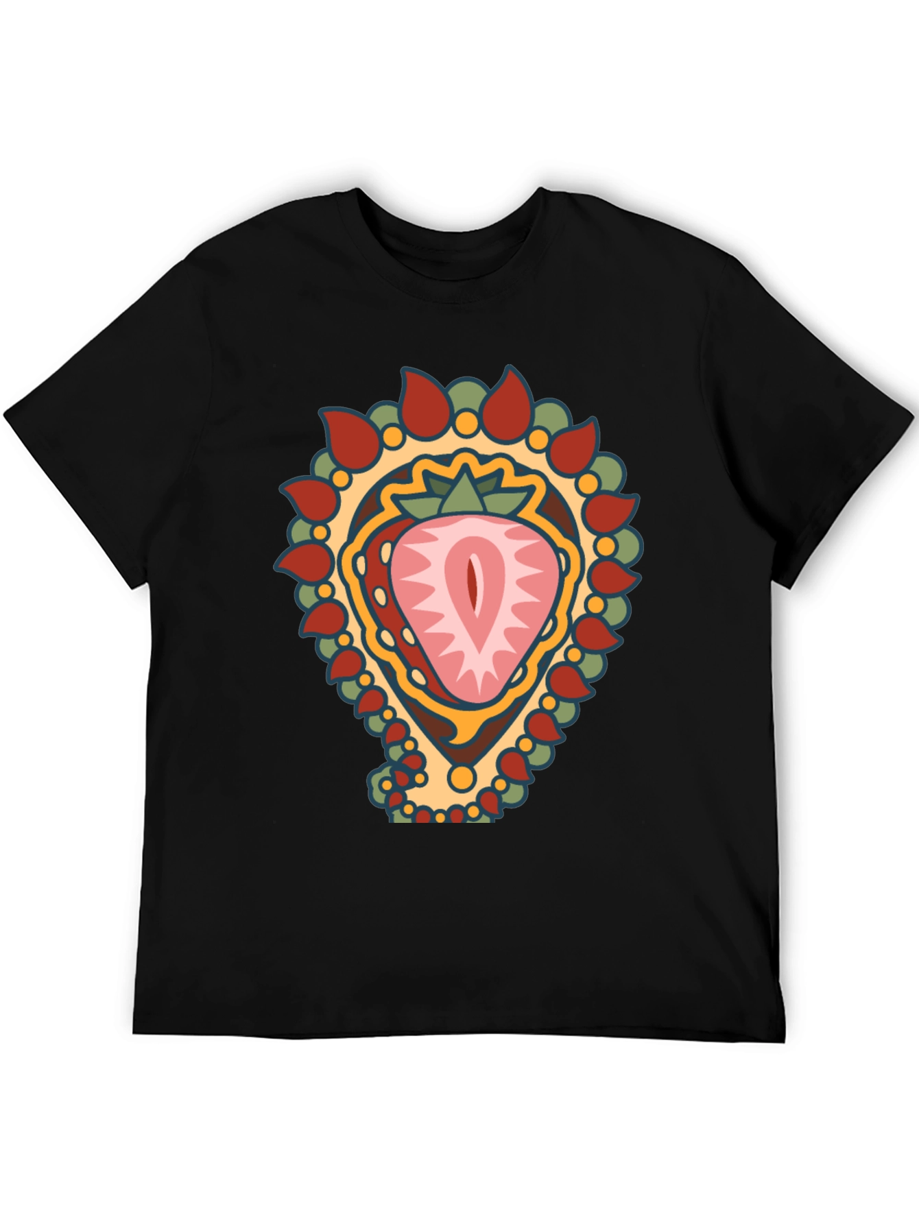 Strawberry Mandala Graphic Tee - Black Cotton Blend