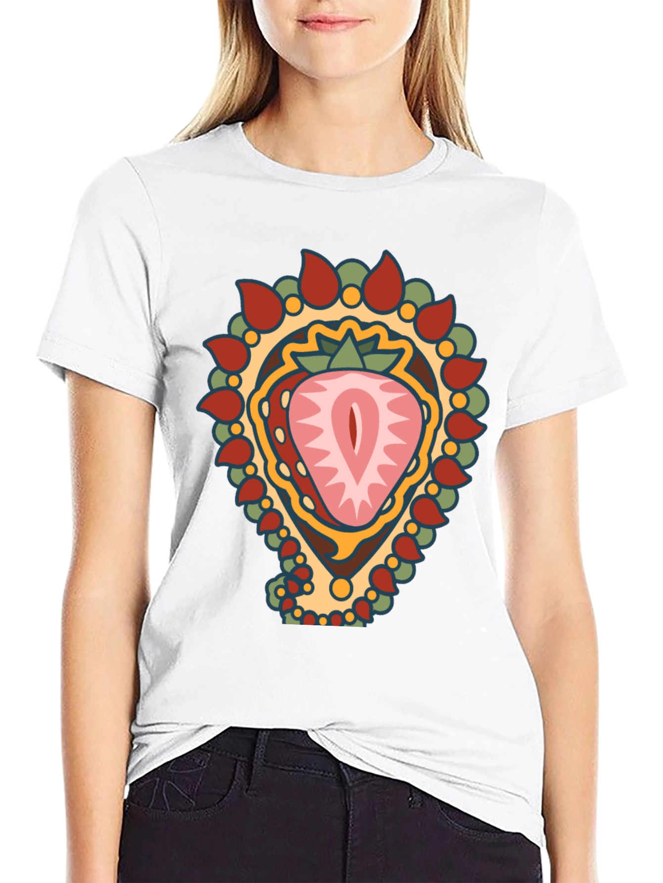 Strawberry Mandala Graphic Tee - Black Cotton Blend