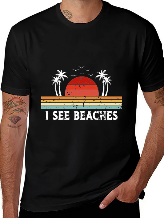 I See Beaches Graphic Tee - Retro Palm Tree Sunset T-Shirt
