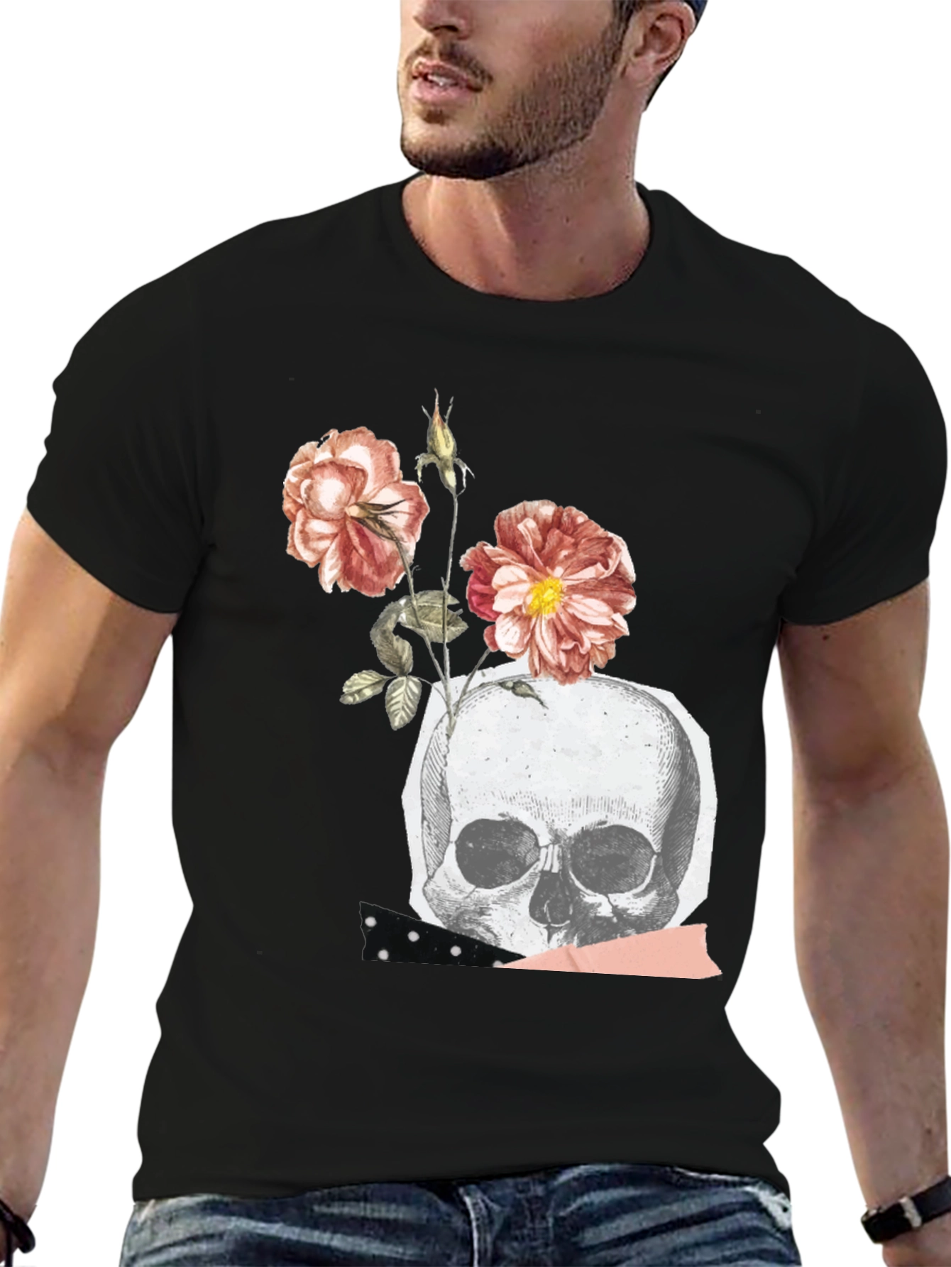 Skull & Roses Graphic Tee - Black Cotton Blend