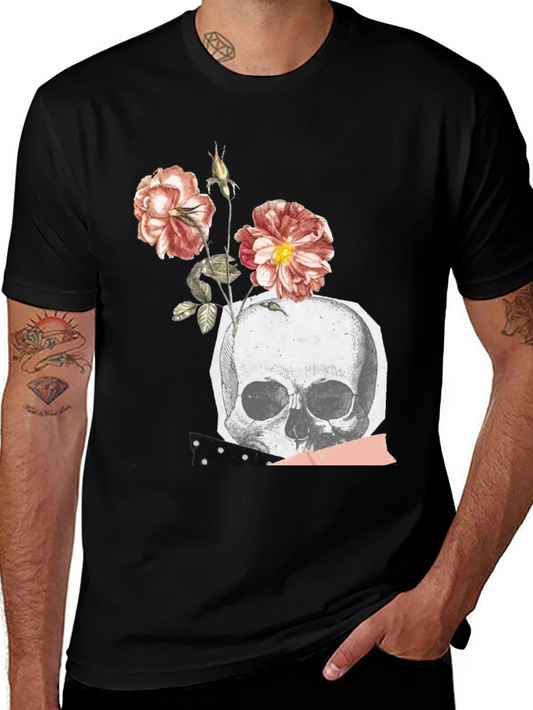Skull & Roses Graphic Tee - Black Cotton Blend