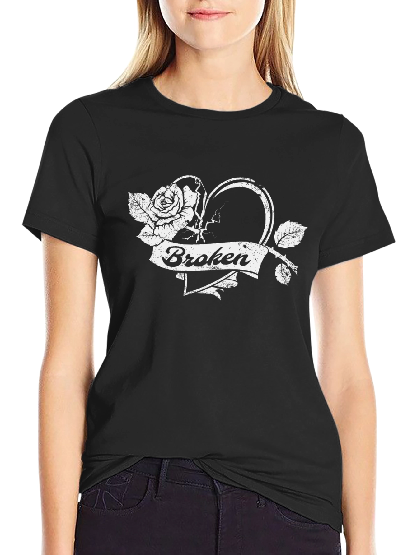Broken Heart Rose Graphic Black T-Shirt