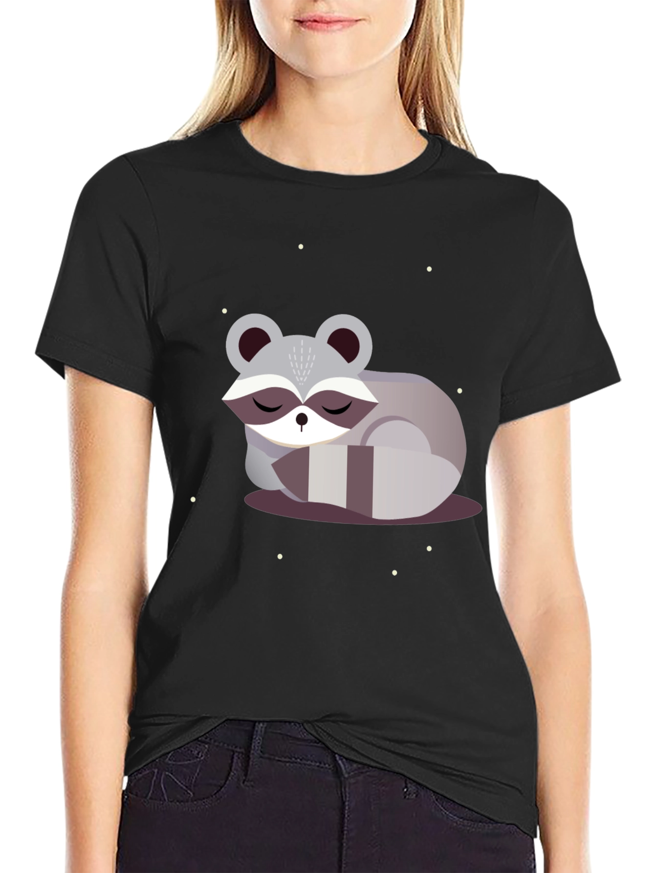 Cute Sleeping Raccoon Graphic Tee - Black