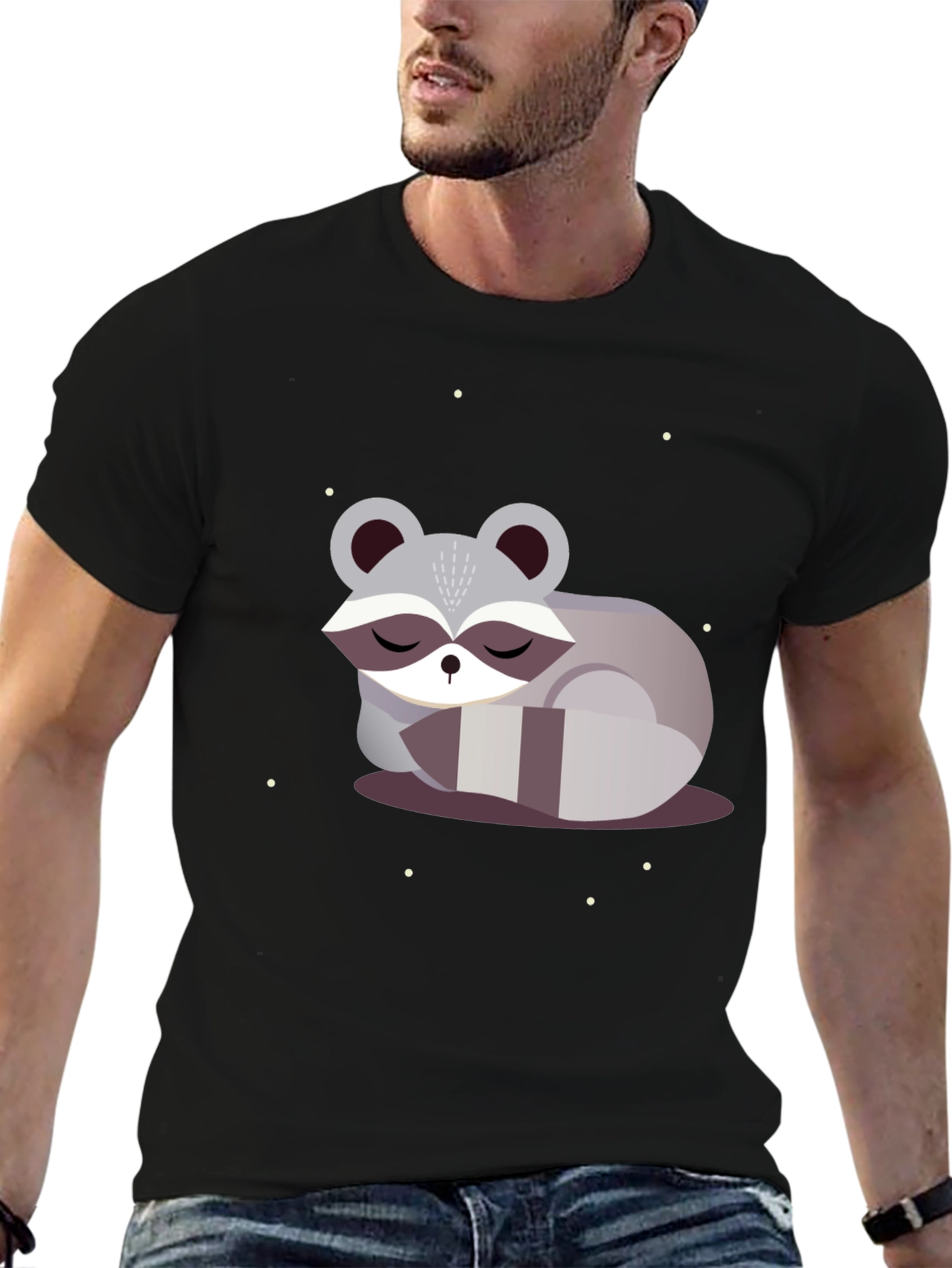 Cute Sleeping Raccoon Graphic Tee - Black
