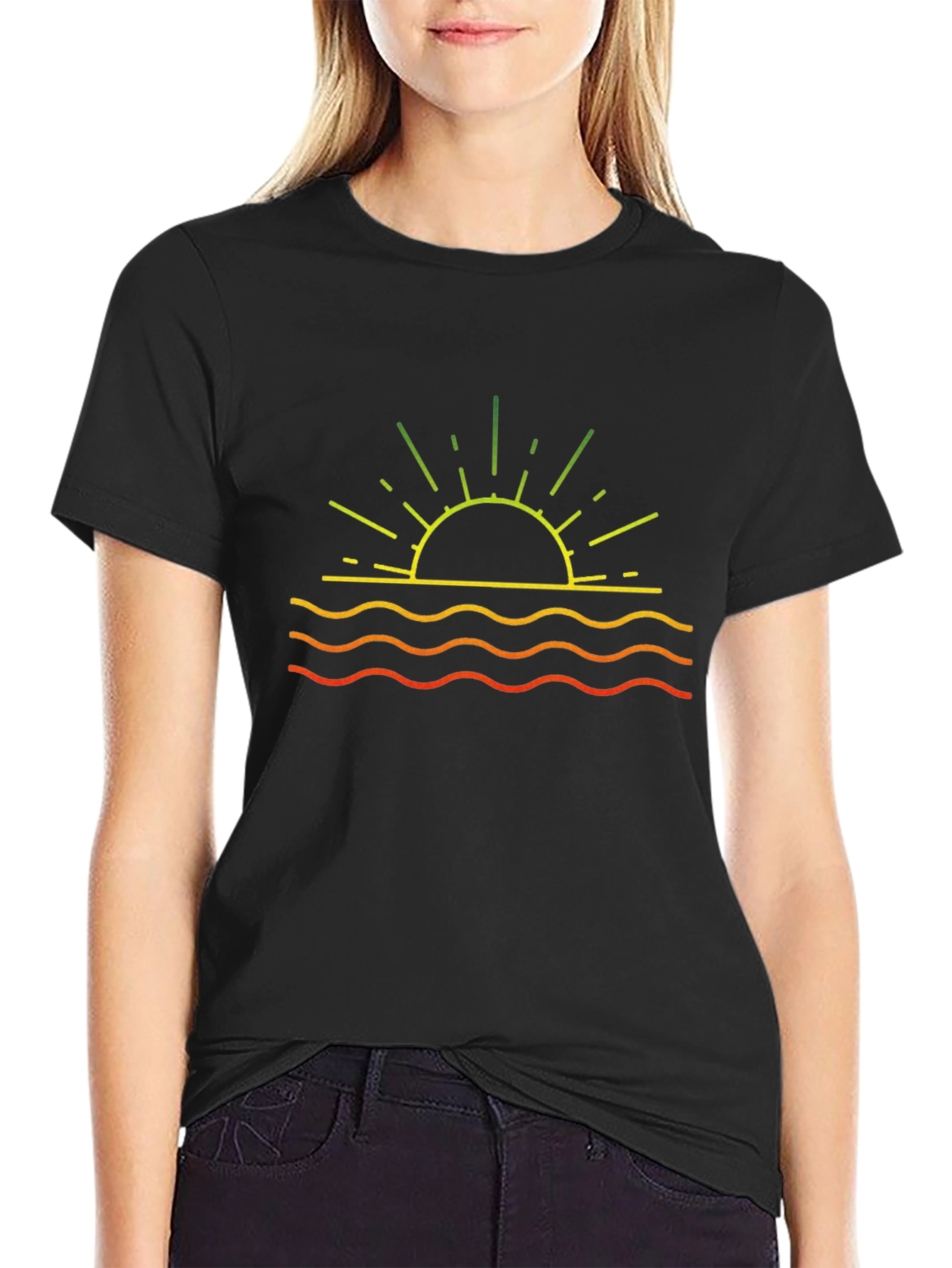 Sunset Waves Graphic Tee - Black Cotton T-Shirt