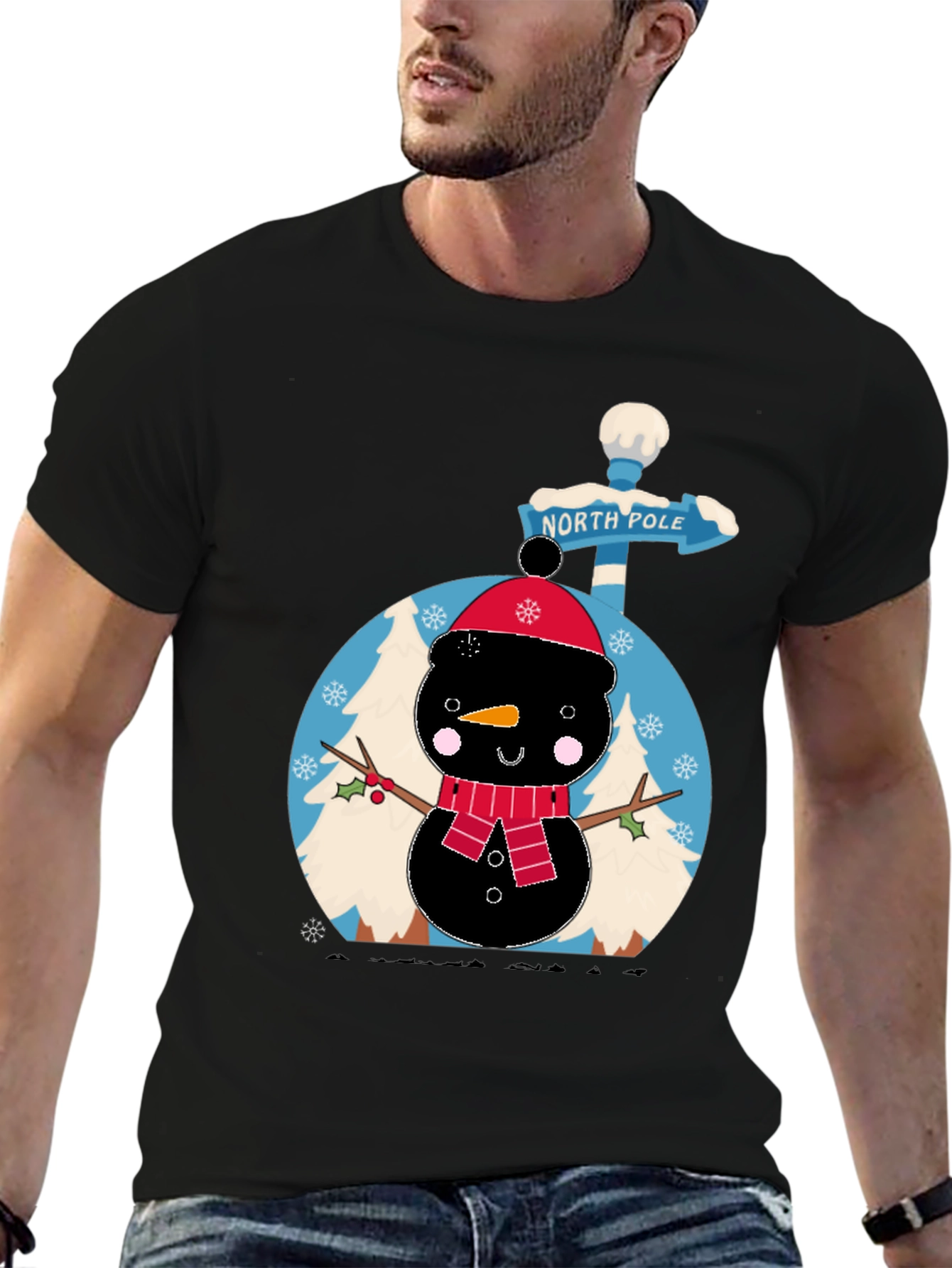 North Pole Snowman Black T-Shirt