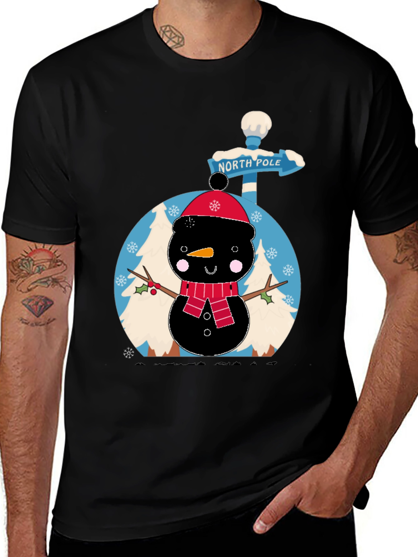 North Pole Snowman Black T-Shirt