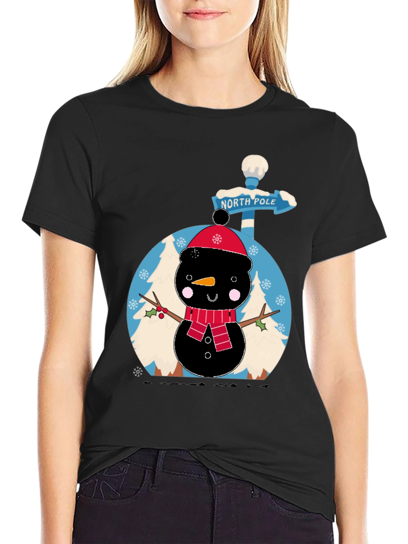 North Pole Snowman Black T-Shirt