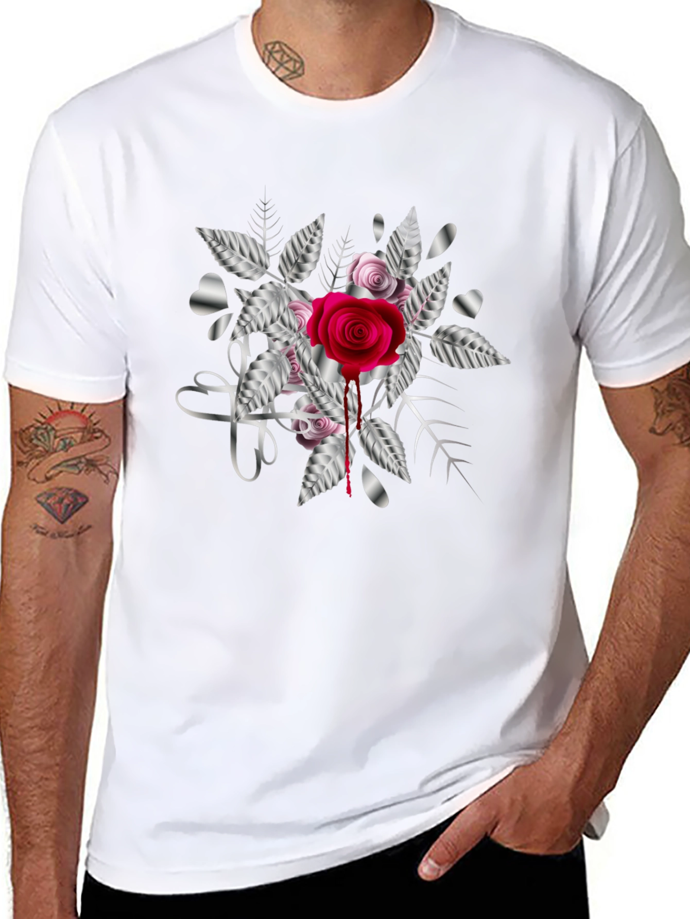 Rose & Silver Heart Graphic T-Shirt