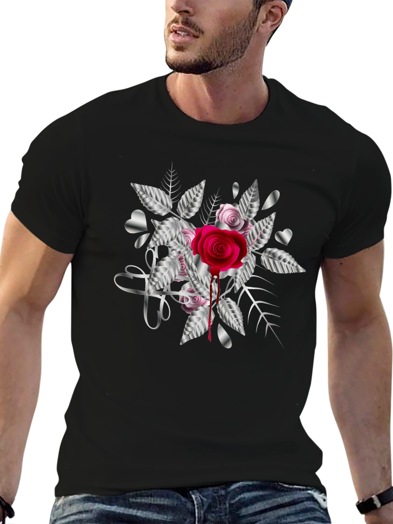 Rose & Silver Heart Graphic T-Shirt
