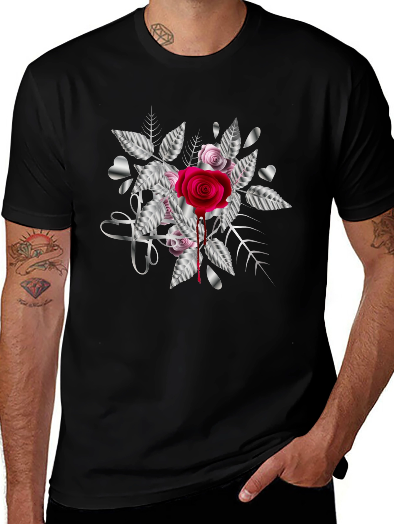 Rose & Silver Heart Graphic T-Shirt