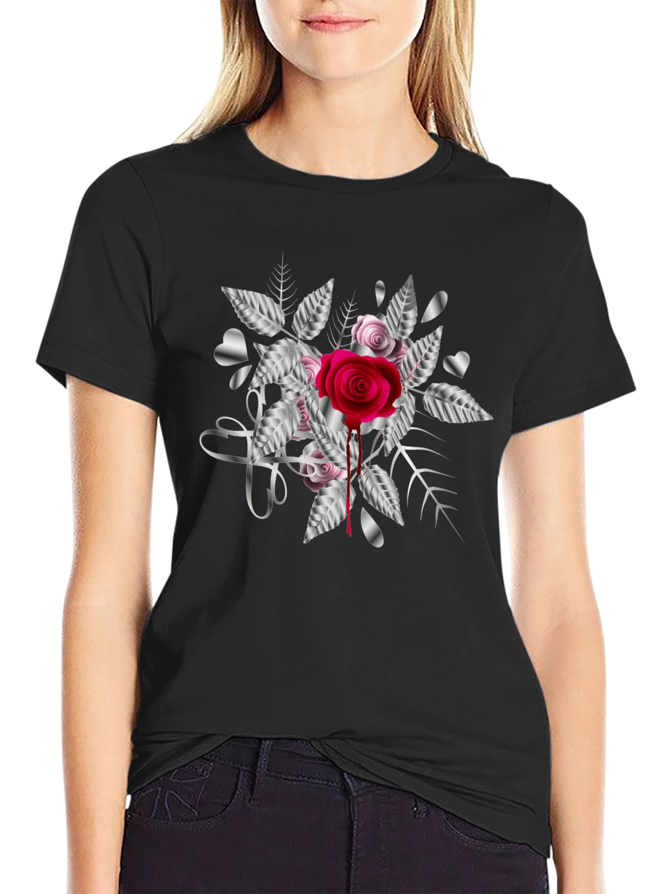 Rose & Silver Heart Graphic T-Shirt