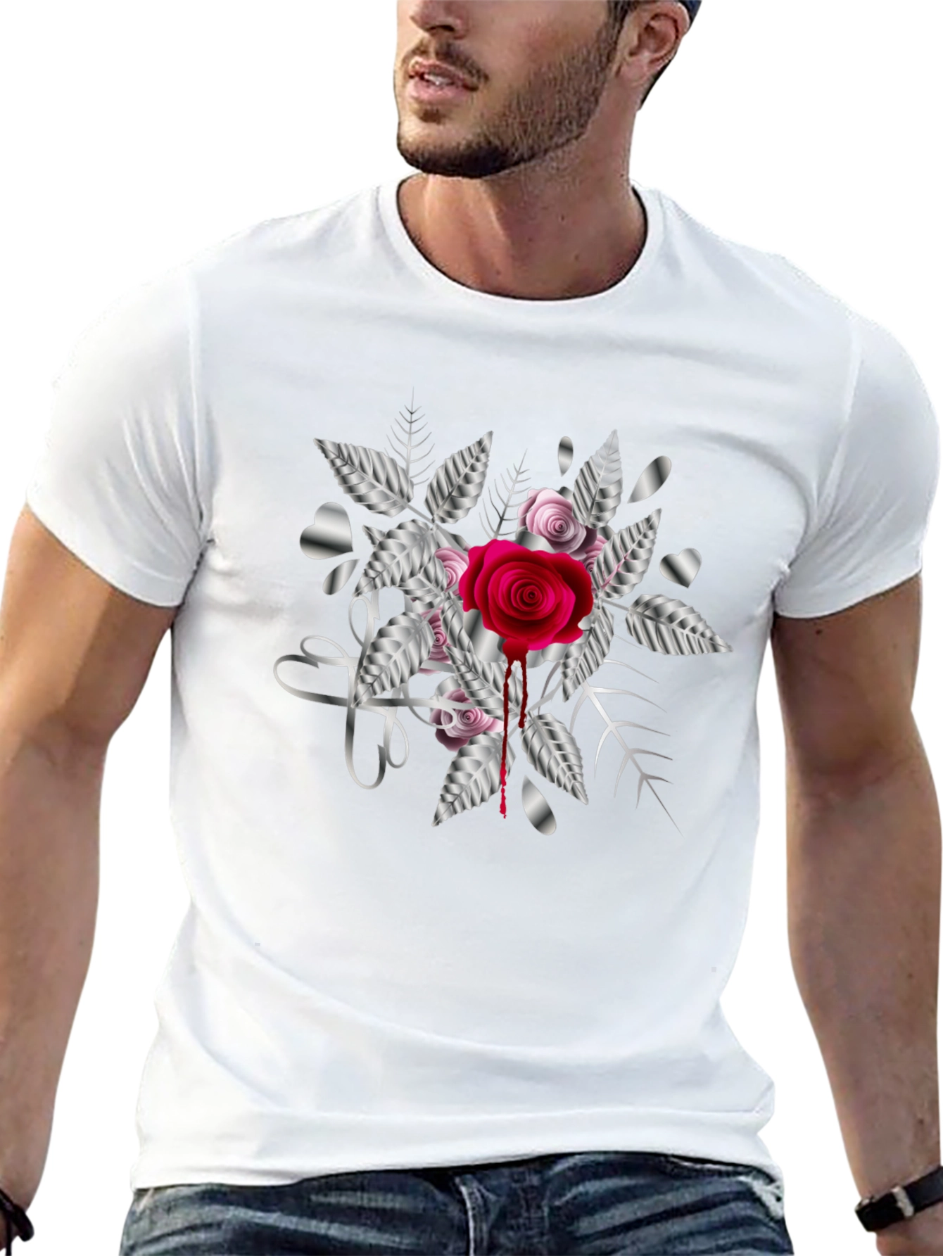 Rose & Silver Heart Graphic T-Shirt