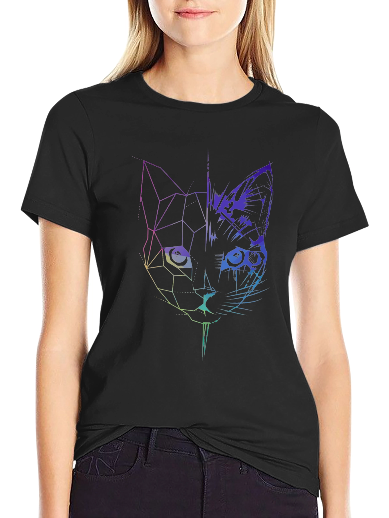 Geometric Cat Graphic Tee - Modern Abstract Design