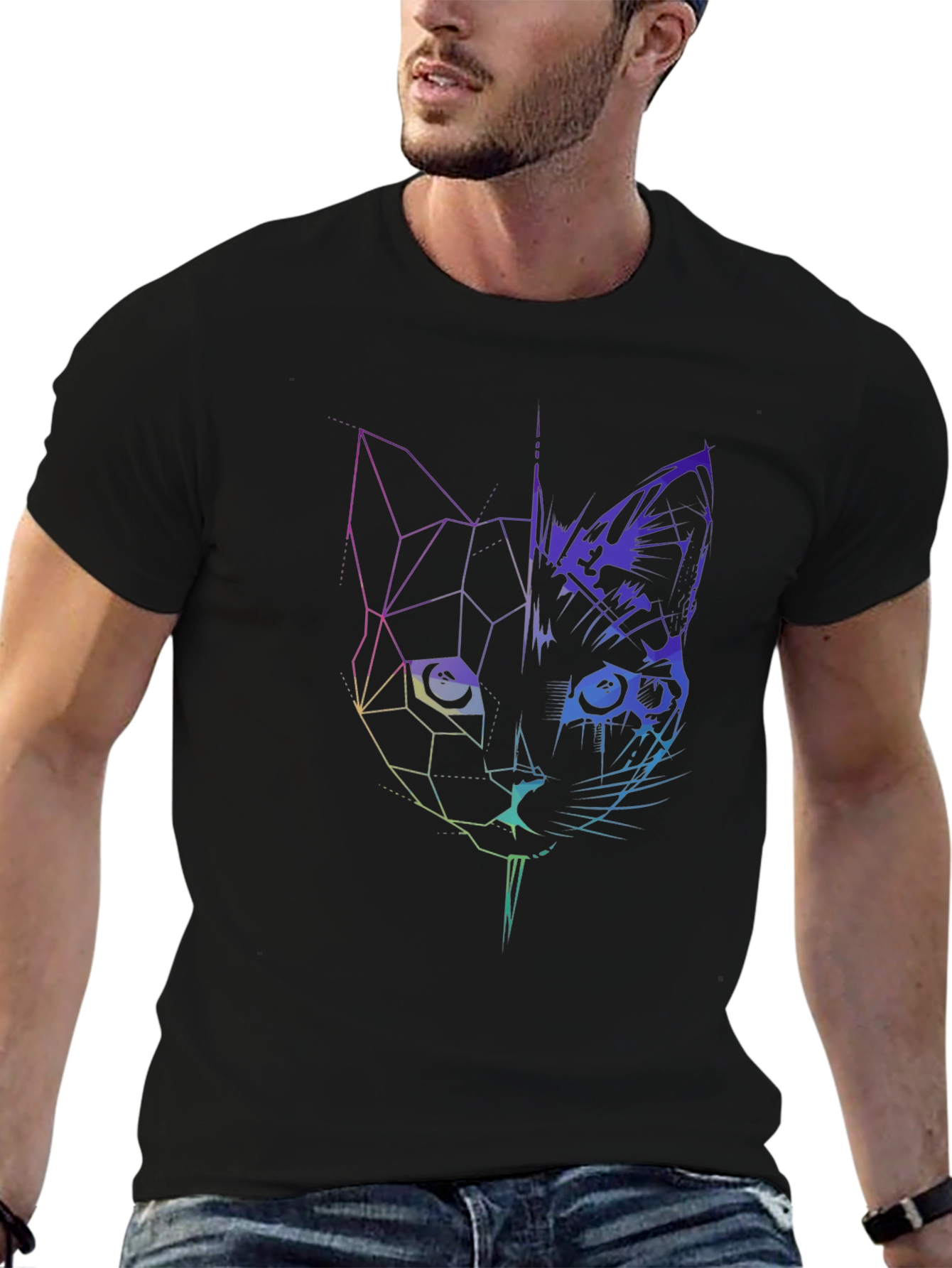 Geometric Cat Graphic Tee - Modern Abstract Design