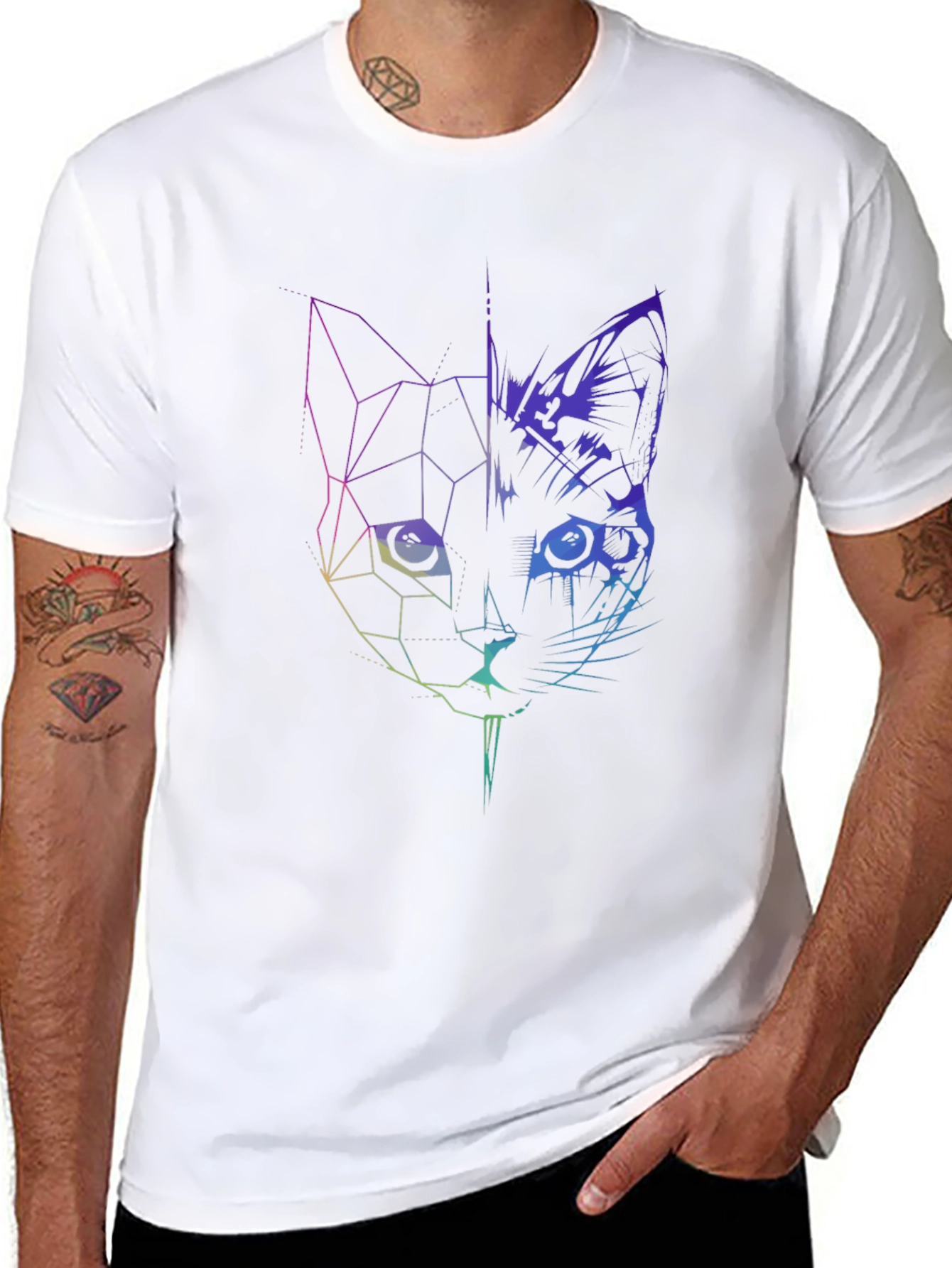 Geometric Cat Graphic Tee - Modern Abstract Design