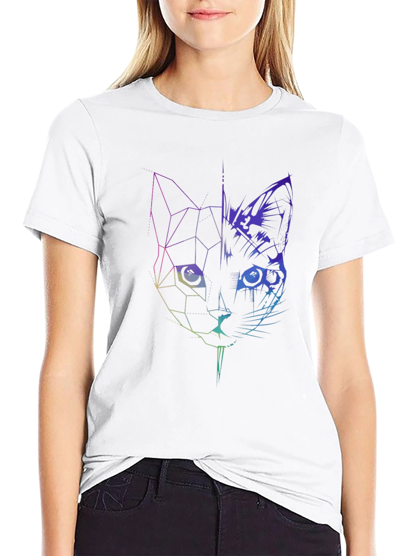 Geometric Cat Graphic Tee - Modern Abstract Design