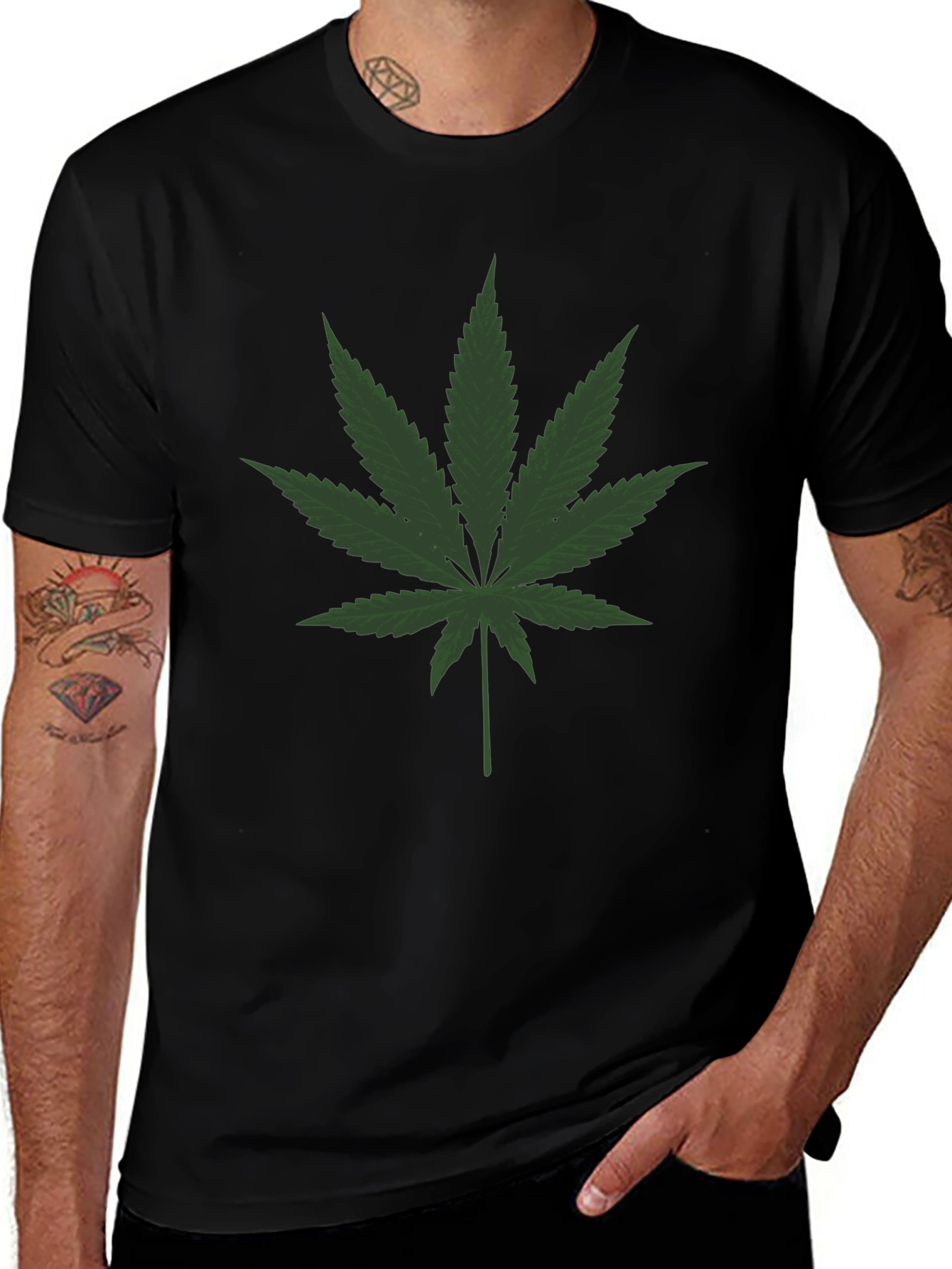 Cannabis Leaf Graphic Tee - Black Crew Neck T-Shirt
