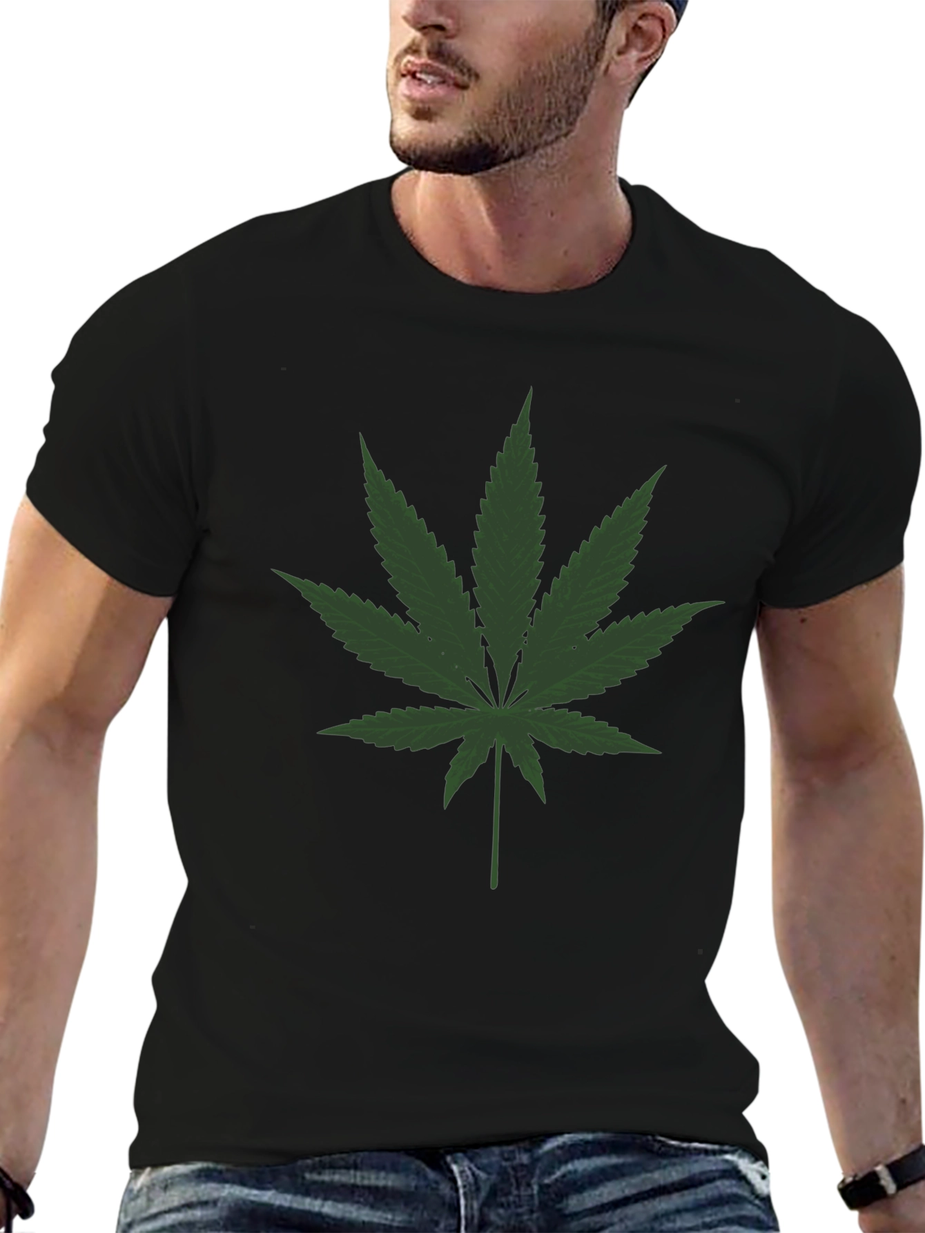 Cannabis Leaf Graphic Tee - Black Crew Neck T-Shirt