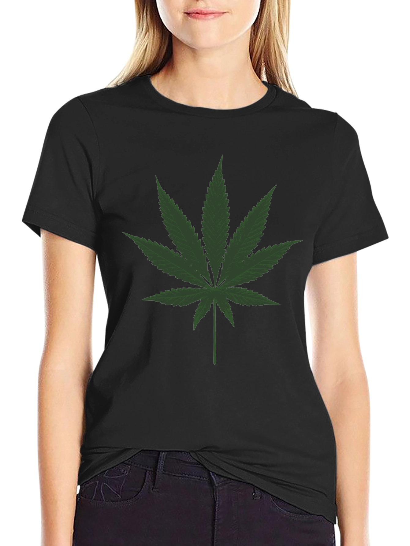 Cannabis Leaf Graphic Tee - Black Crew Neck T-Shirt