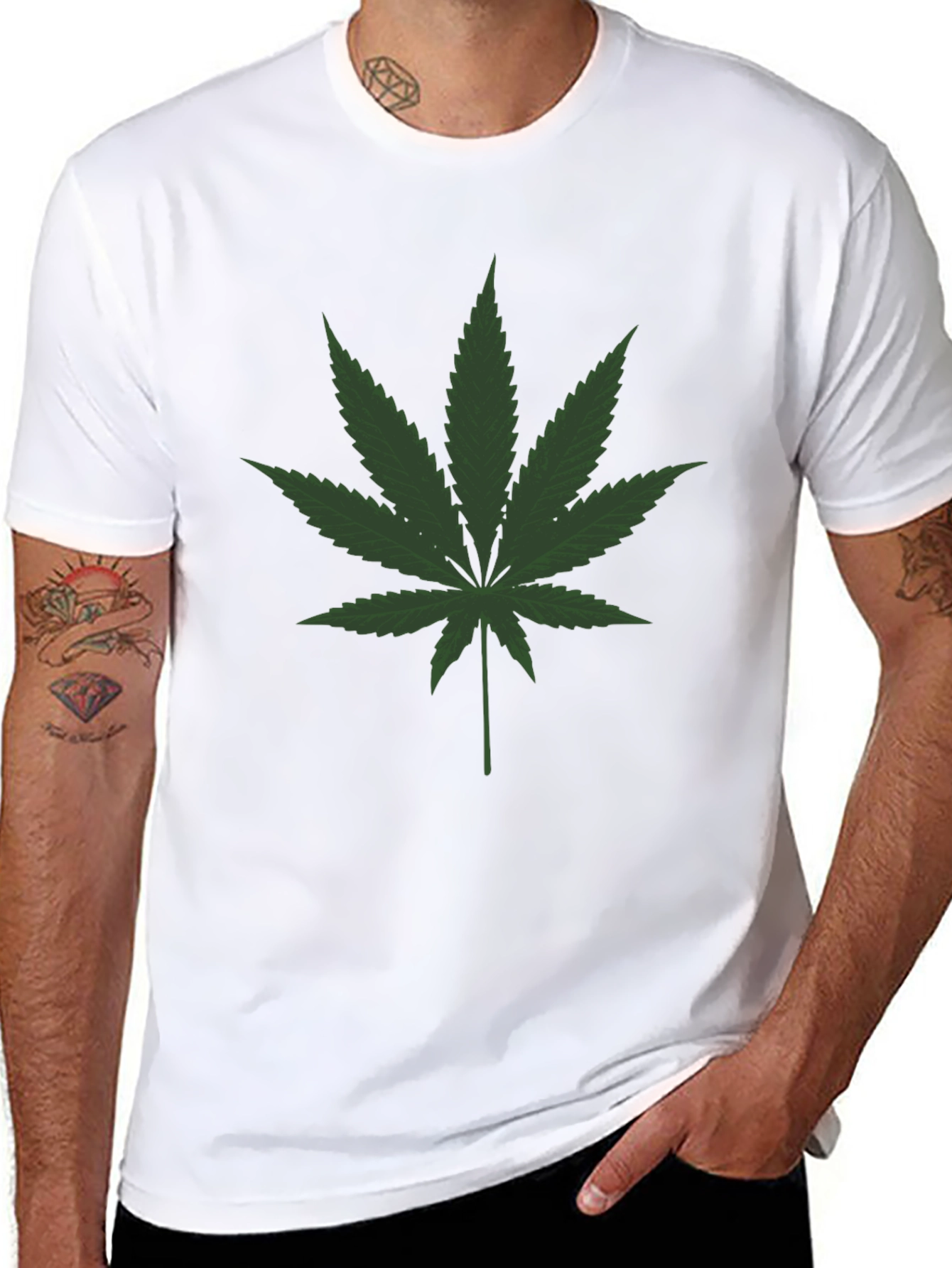 Cannabis Leaf Graphic Tee - Black Crew Neck T-Shirt