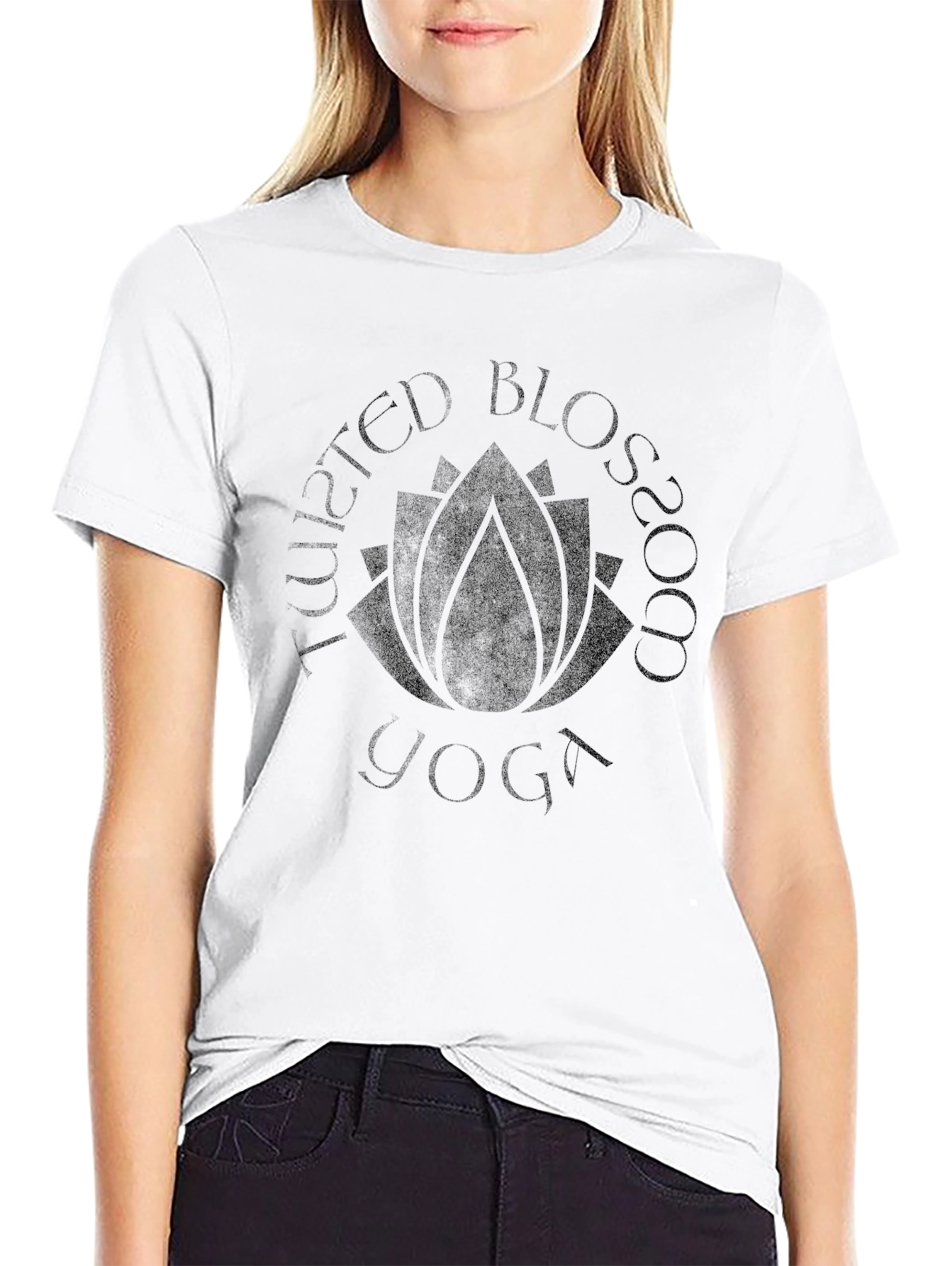Twisted Blossom Yoga Black Graphic T-Shirt