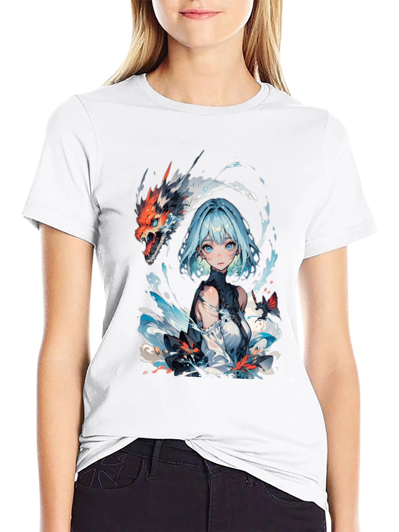 Anime Girl and Dragon Graphic Black T-Shirt