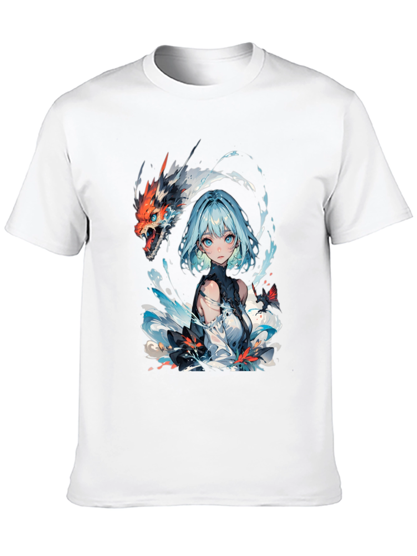 Anime Girl and Dragon Graphic Black T-Shirt