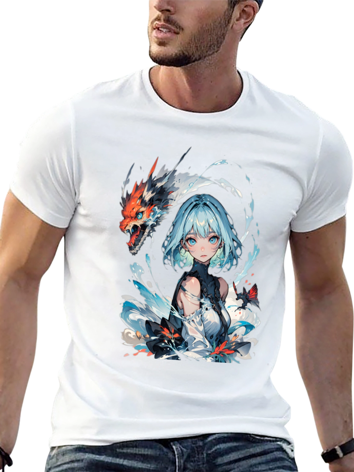 Anime Girl and Dragon Graphic Black T-Shirt