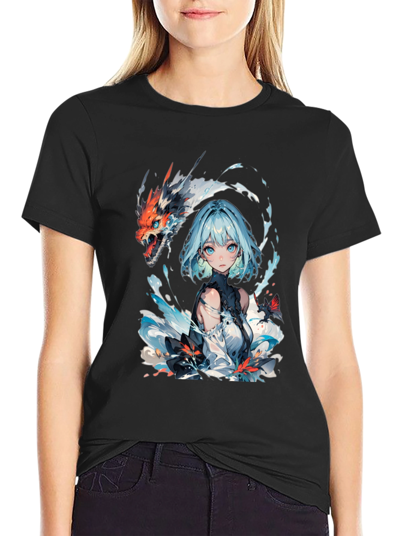 Anime Girl and Dragon Graphic Black T-Shirt