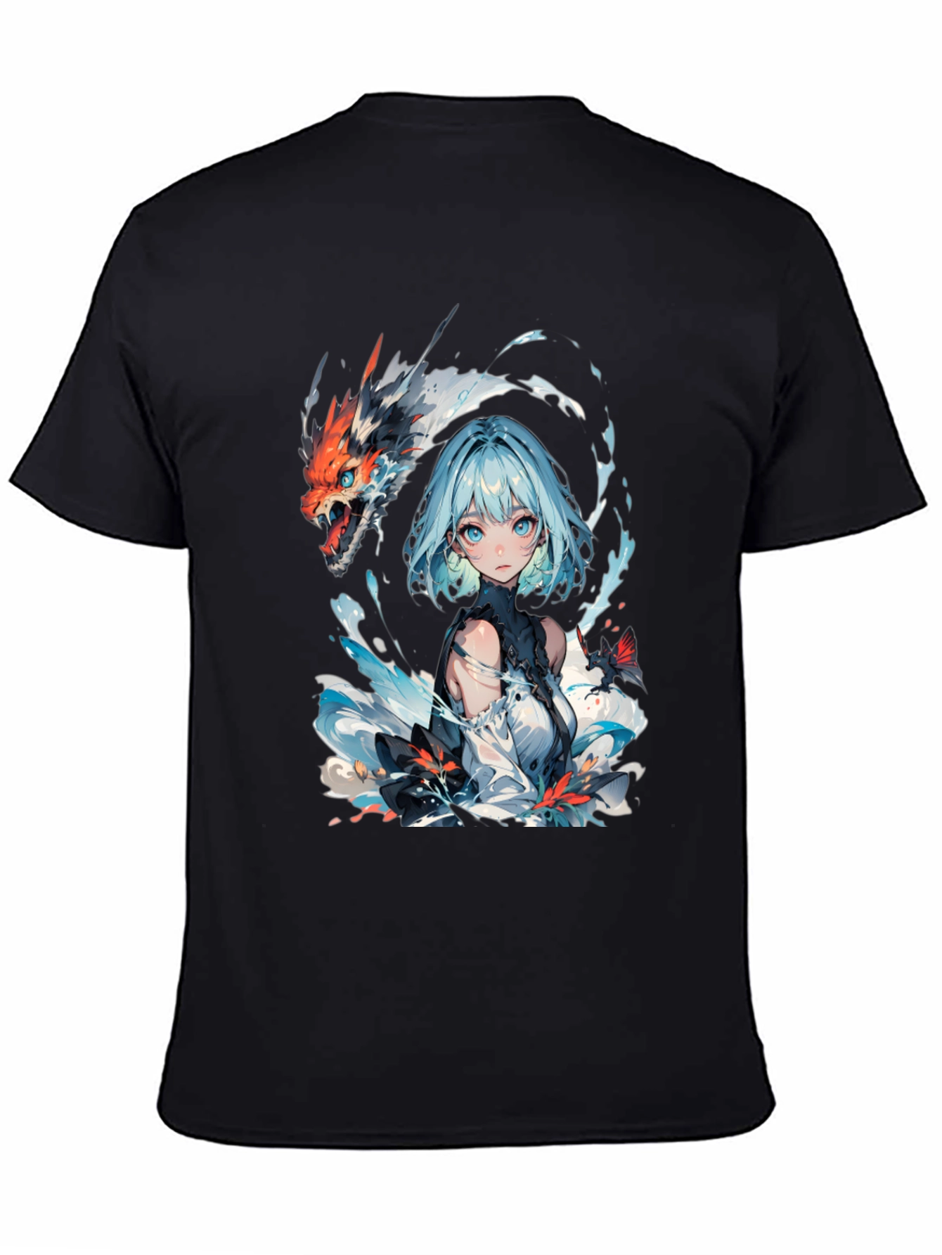 Anime Girl and Dragon Graphic Black T-Shirt
