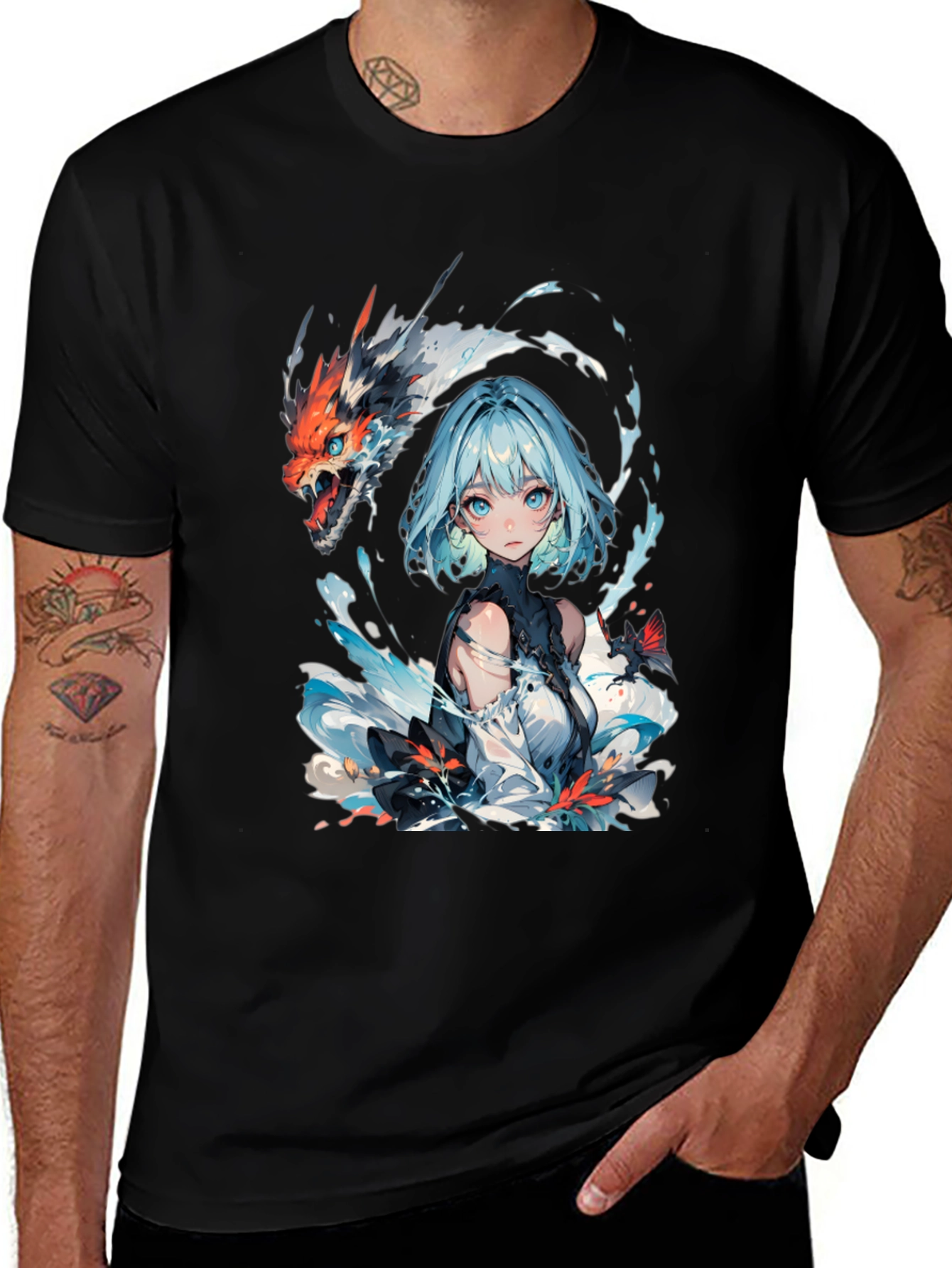 Anime Girl and Dragon Graphic Black T-Shirt