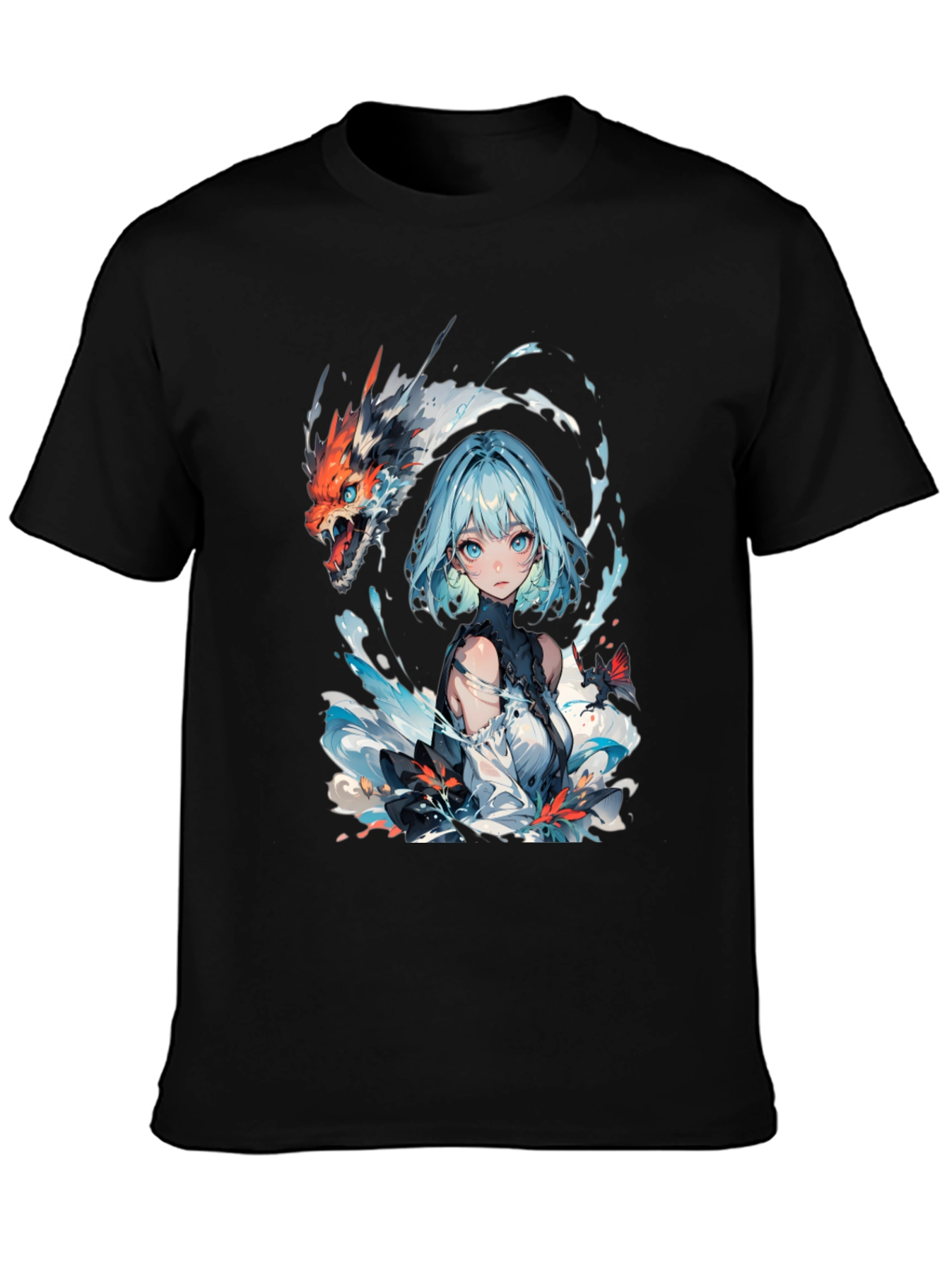 Anime Girl and Dragon Graphic Black T-Shirt