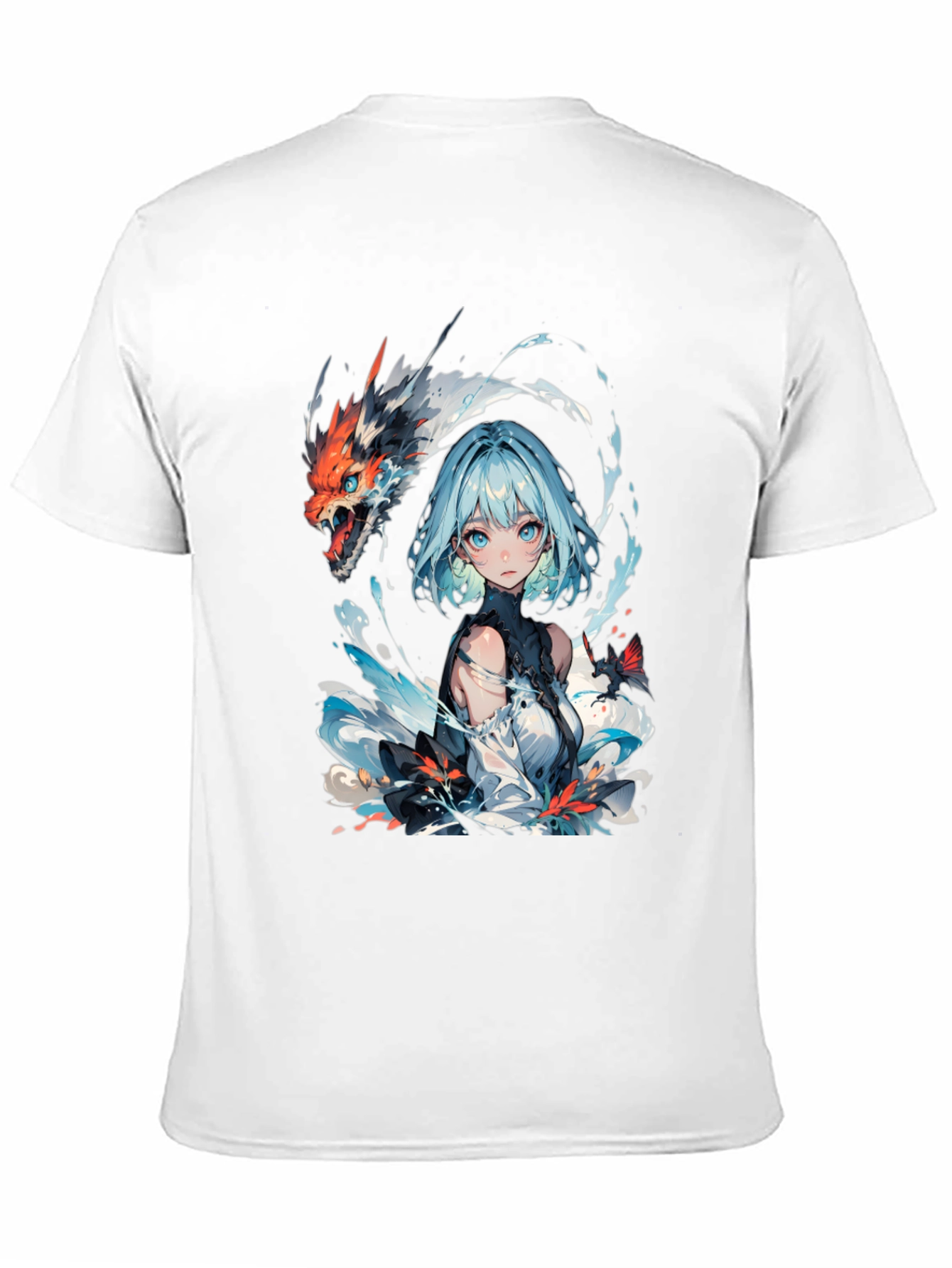 Anime Girl and Dragon Graphic Black T-Shirt