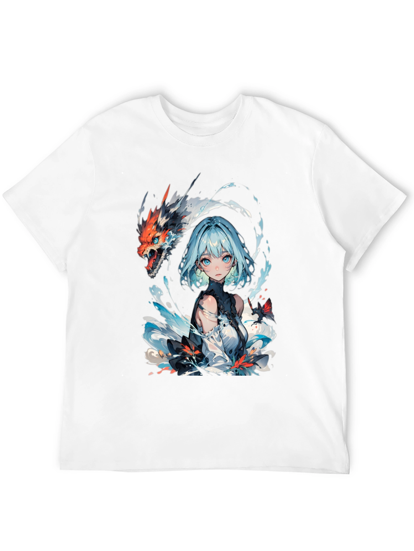Anime Girl and Dragon Graphic Black T-Shirt