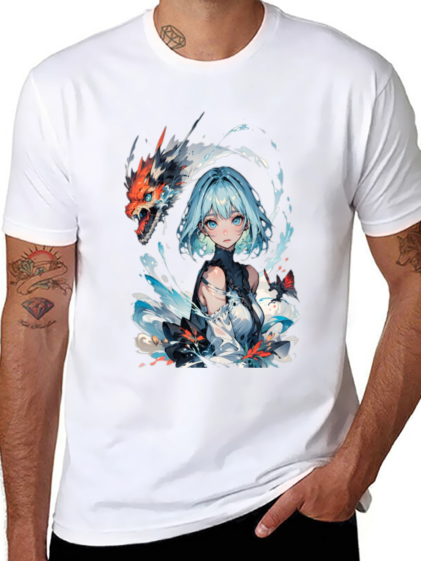 Anime Girl and Dragon Graphic Black T-Shirt