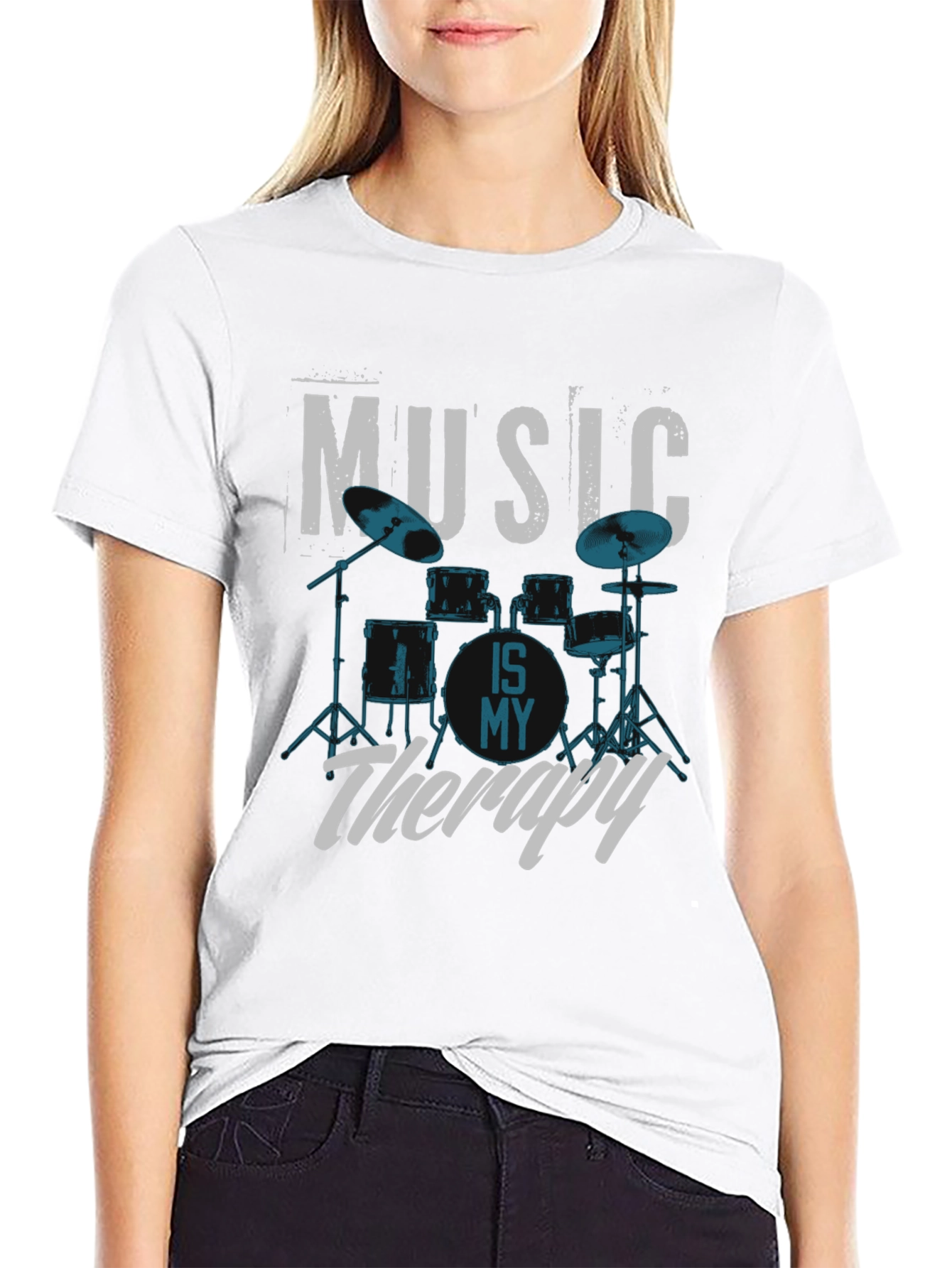 Music is My Therapy Drum Set Graphic T-Shirt