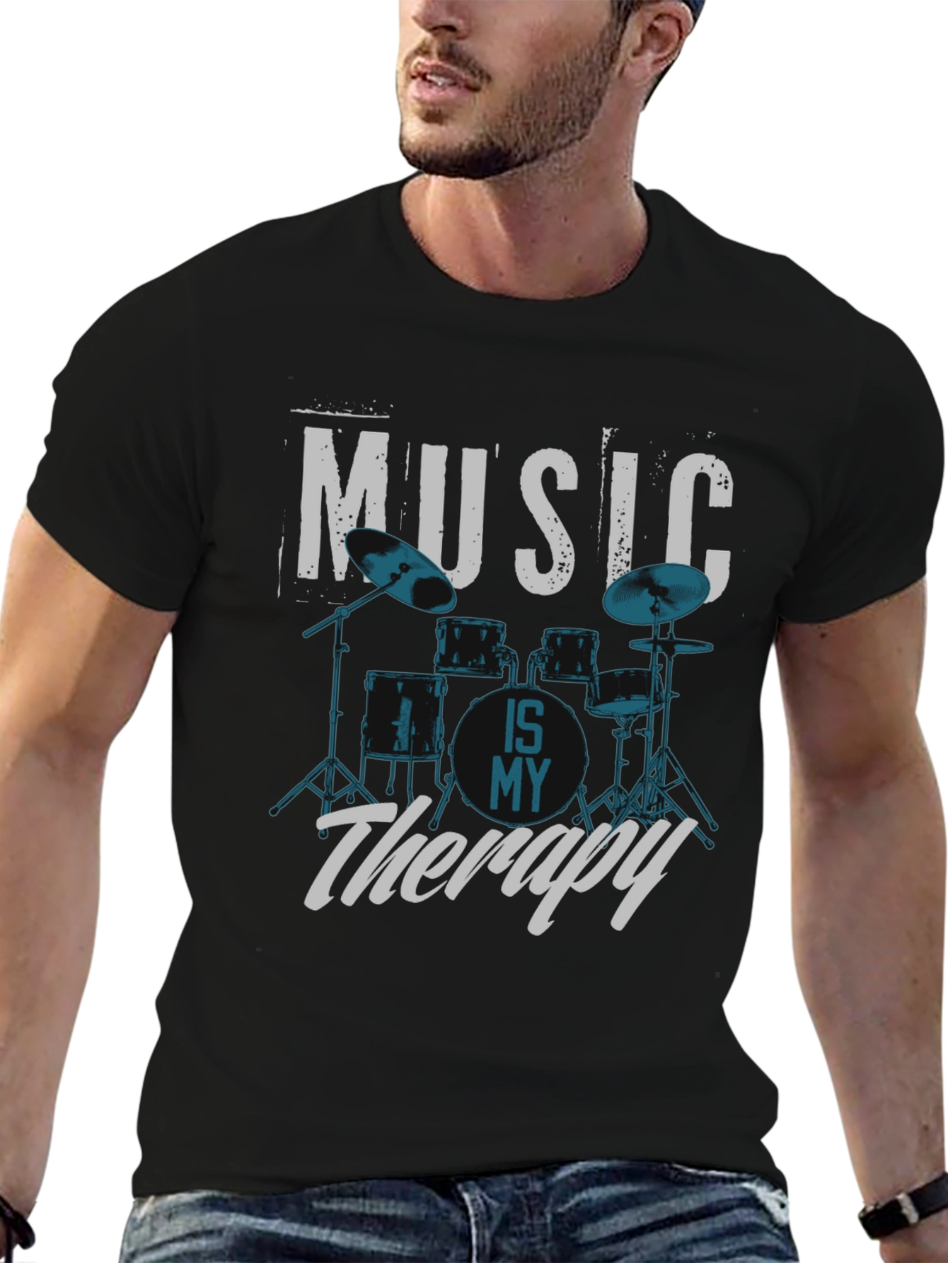 Music is My Therapy Drum Set Graphic T-Shirt