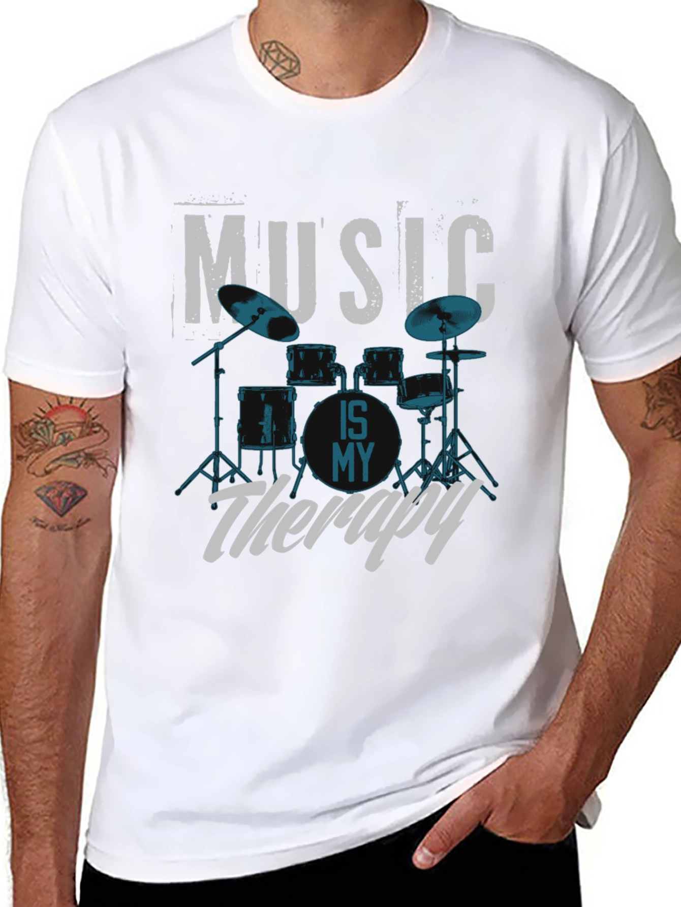 Music is My Therapy Drum Set Graphic T-Shirt