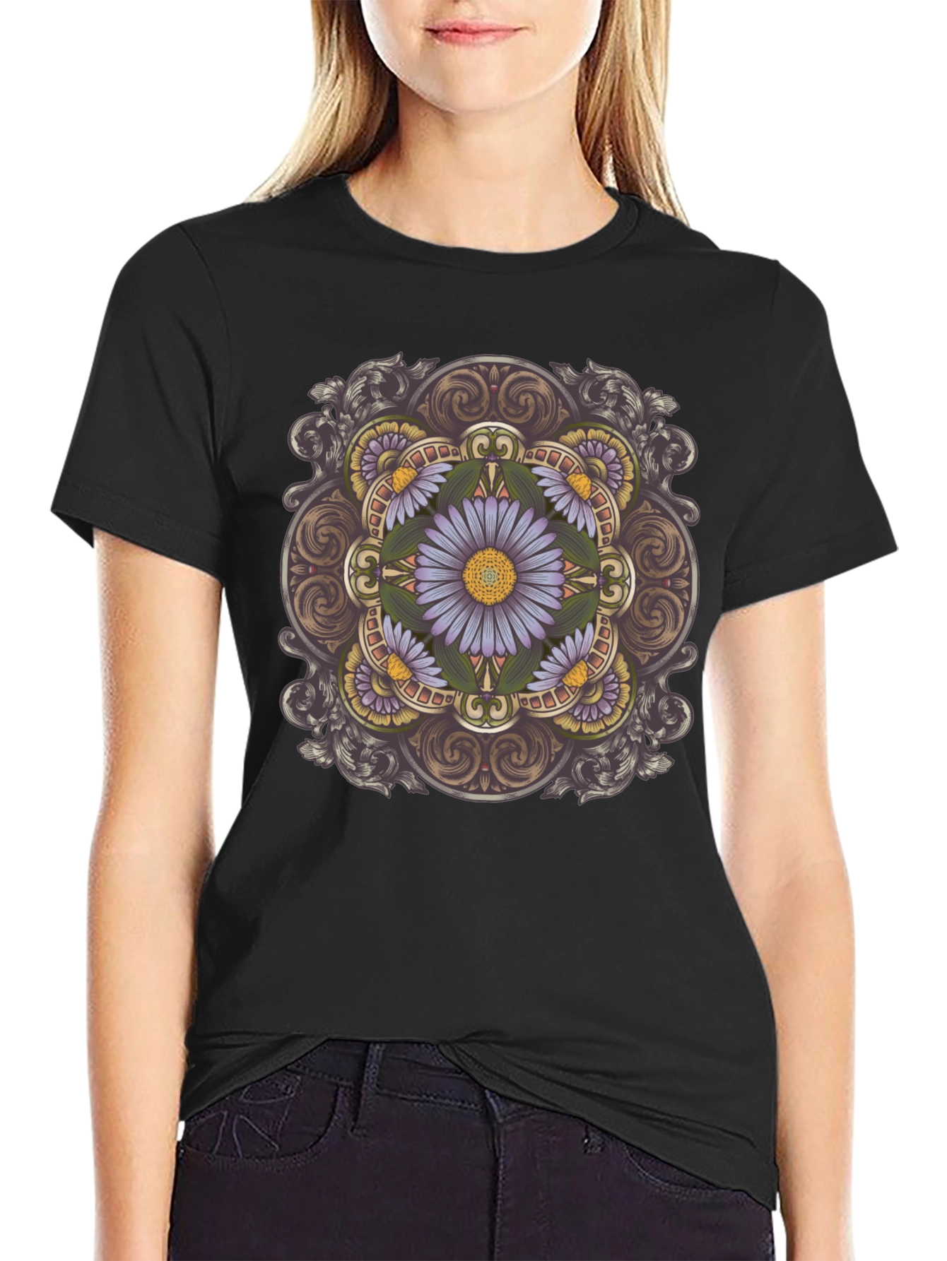 Floral Mandala Print Black T-Shirt