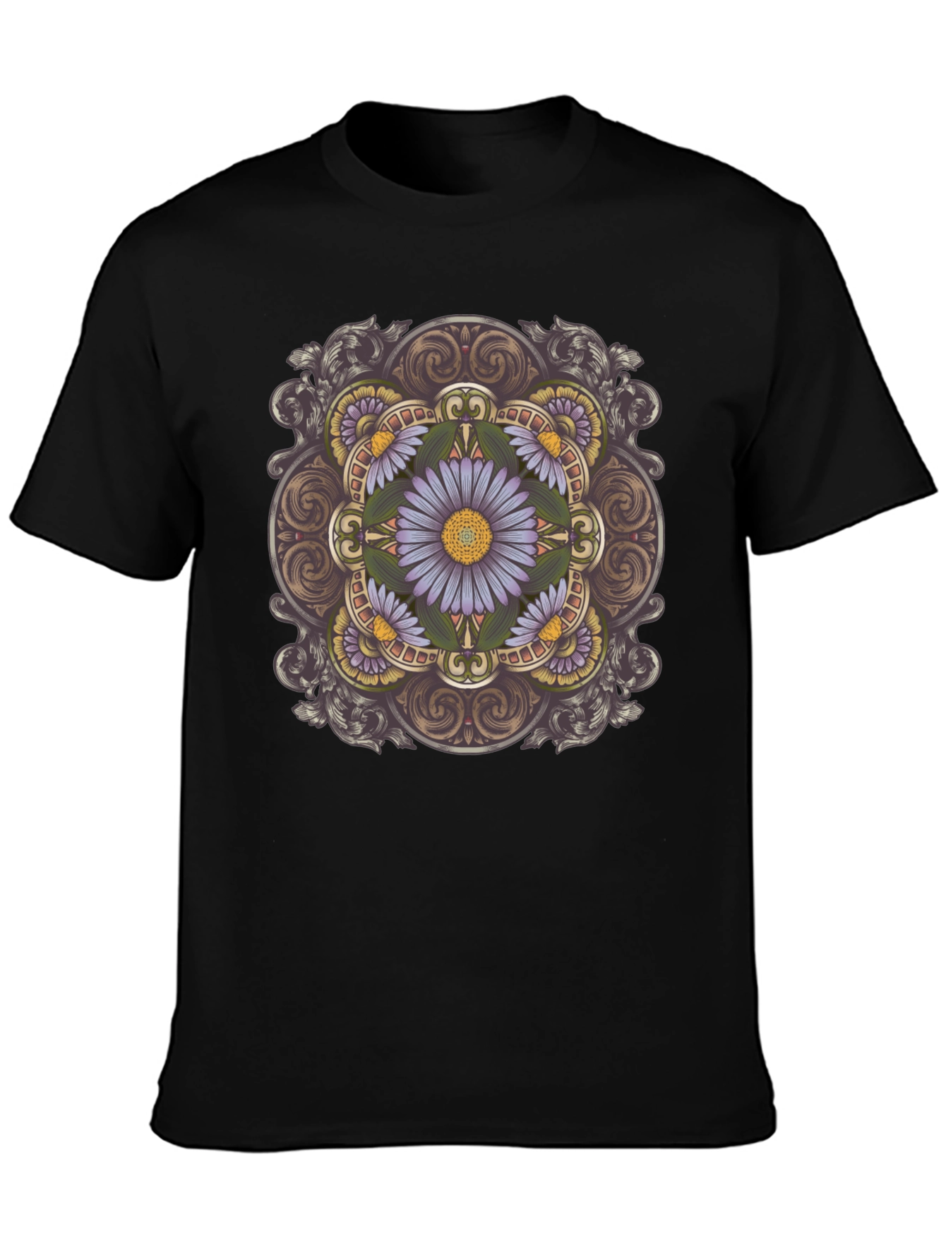 Floral Mandala Print Black T-Shirt