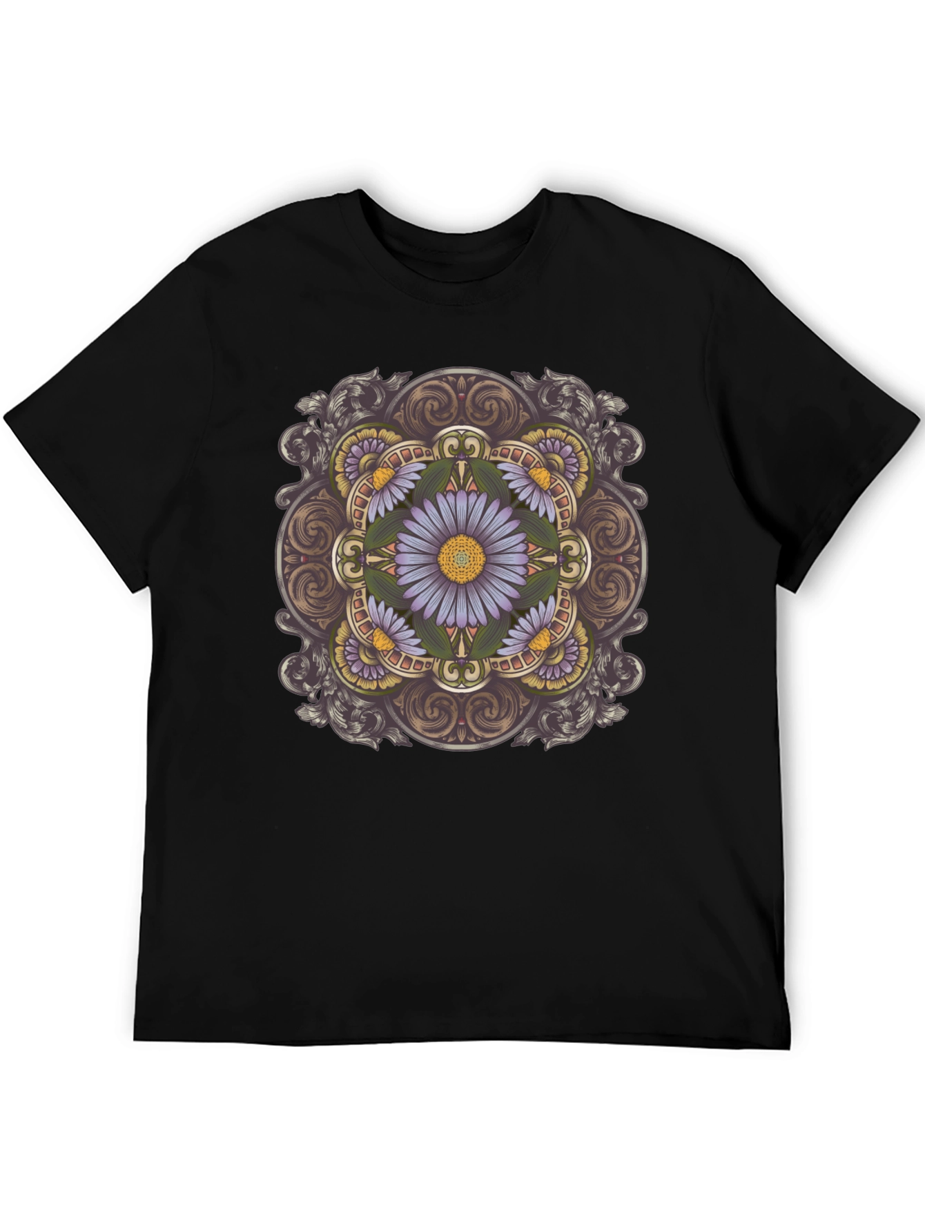 Floral Mandala Print Black T-Shirt