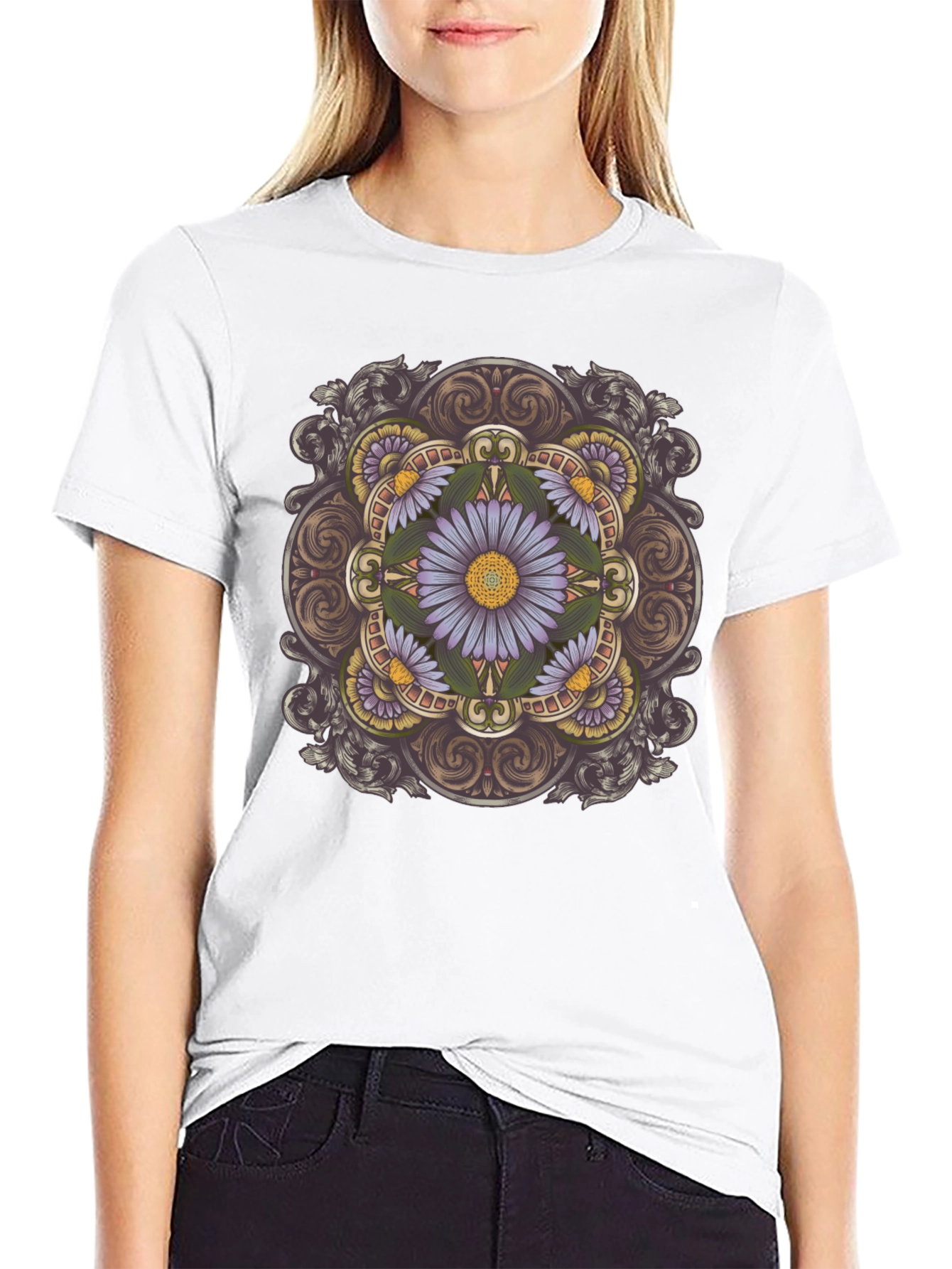 Floral Mandala Print Black T-Shirt