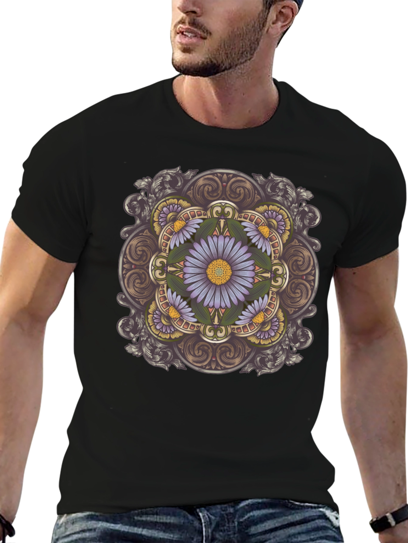 Floral Mandala Print Black T-Shirt