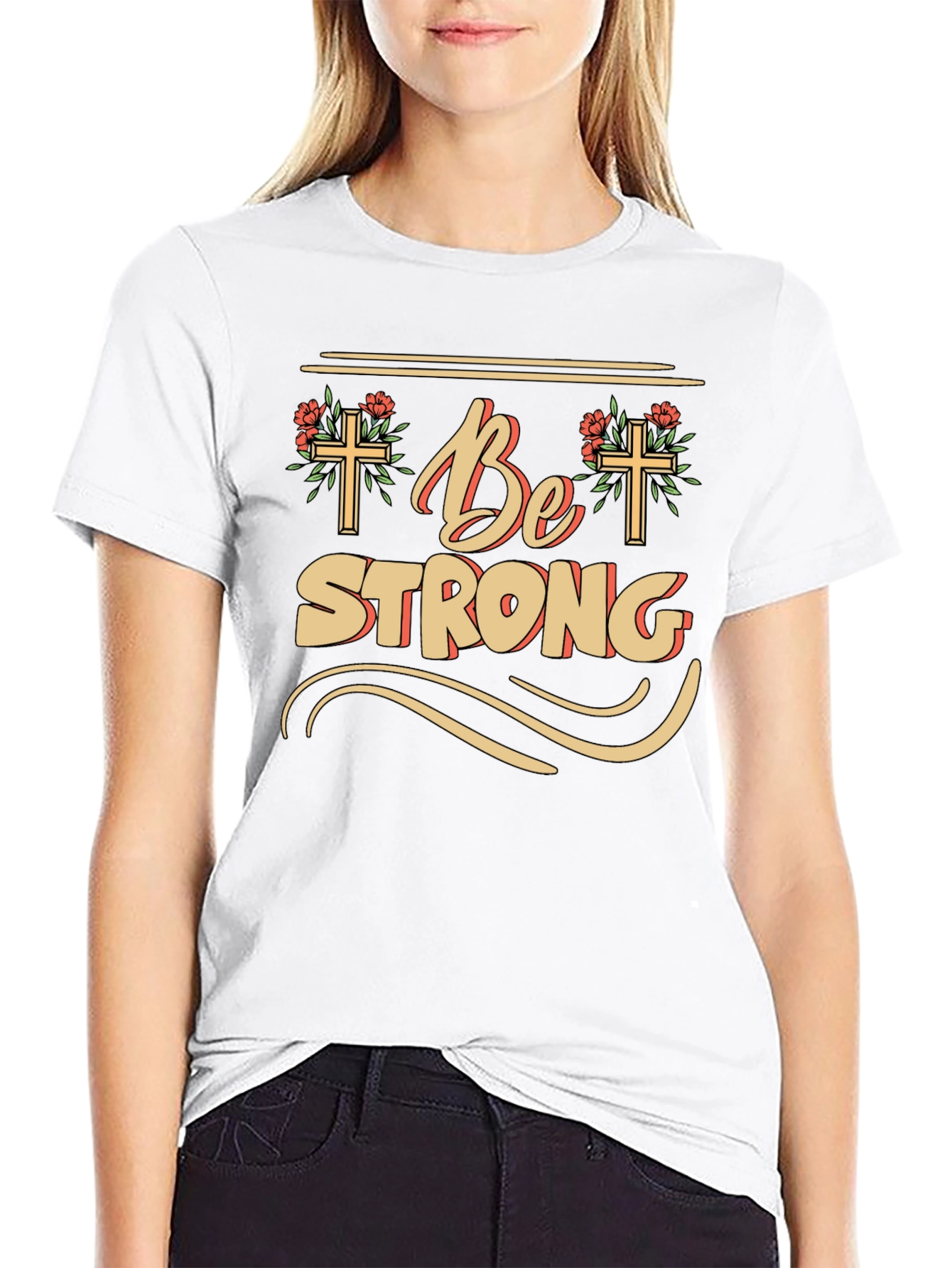 Be Strong Christian T-Shirt - Floral Cross Design