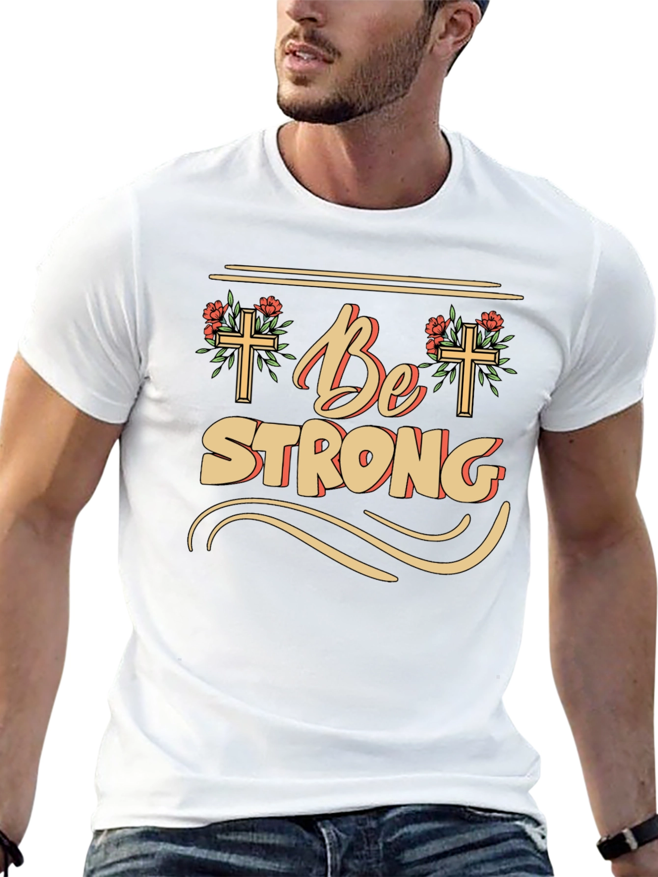 Be Strong Christian T-Shirt - Floral Cross Design