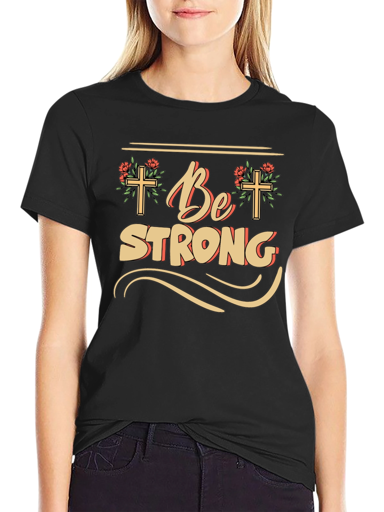 Be Strong Christian T-Shirt - Floral Cross Design