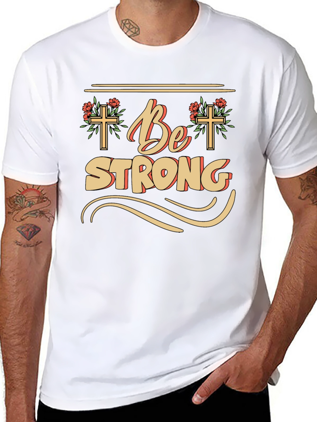 Be Strong Christian T-Shirt - Floral Cross Design