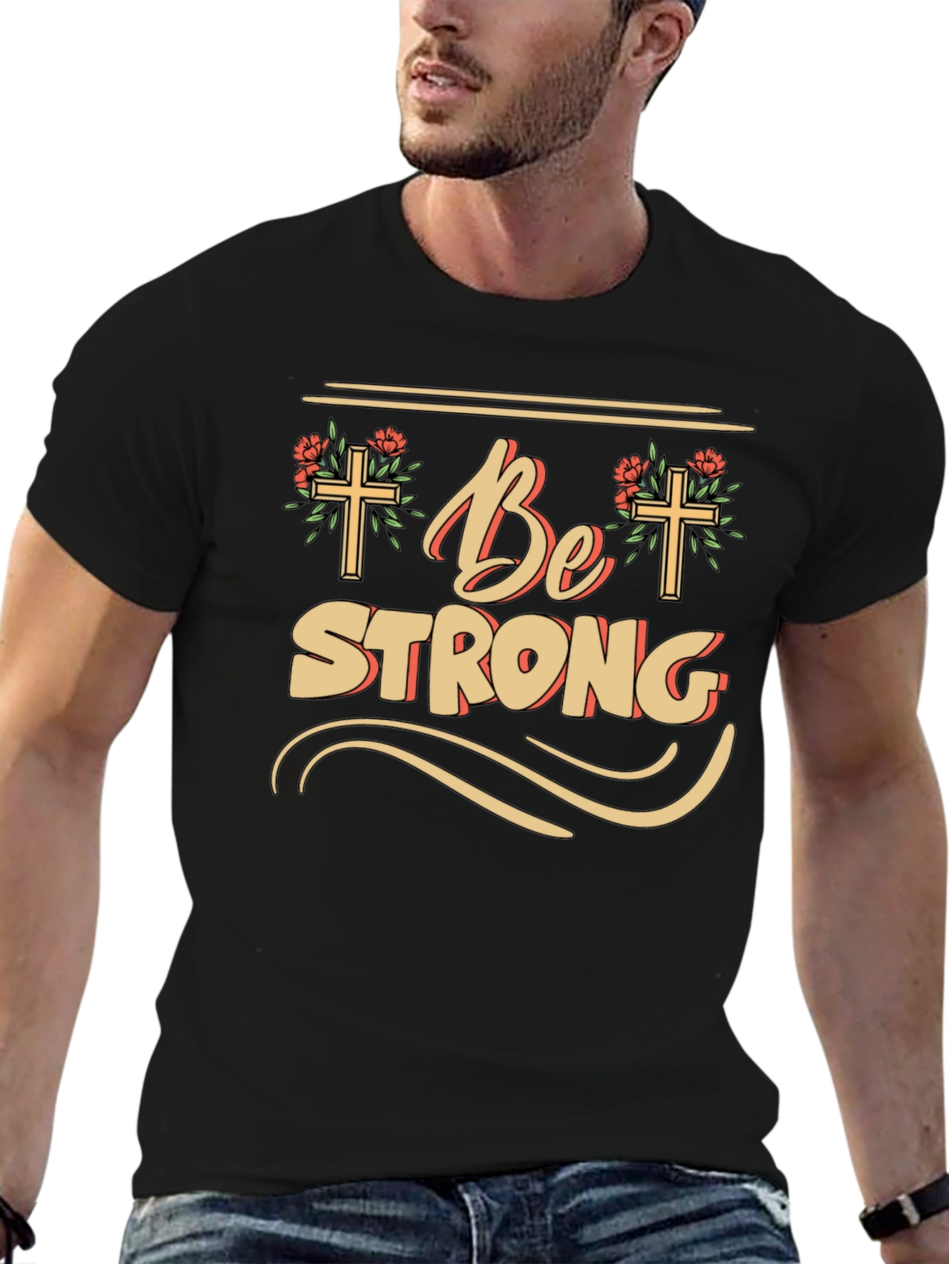 Be Strong Christian T-Shirt - Floral Cross Design