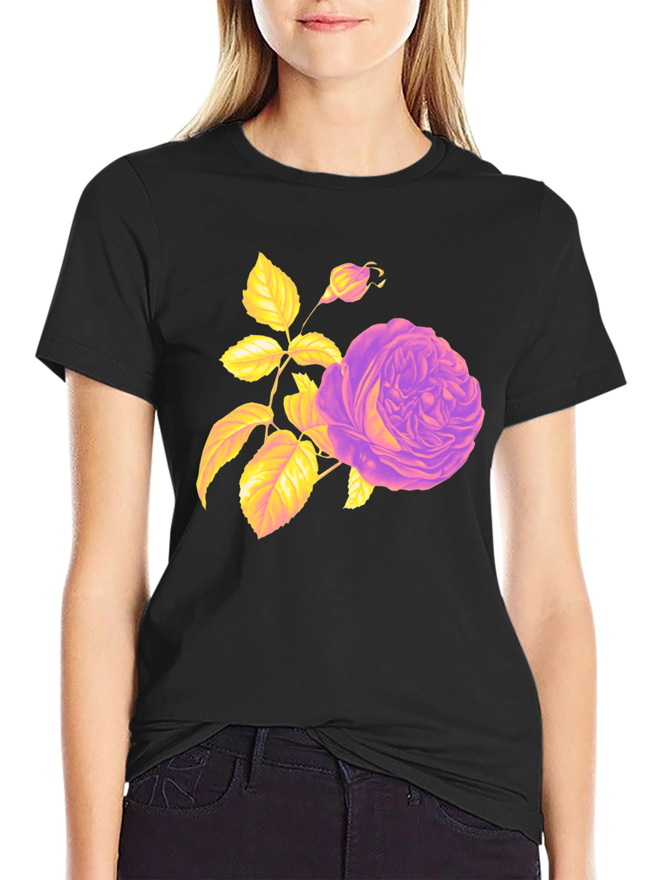 Floral Rose Graphic Tee - Black Cotton Blend